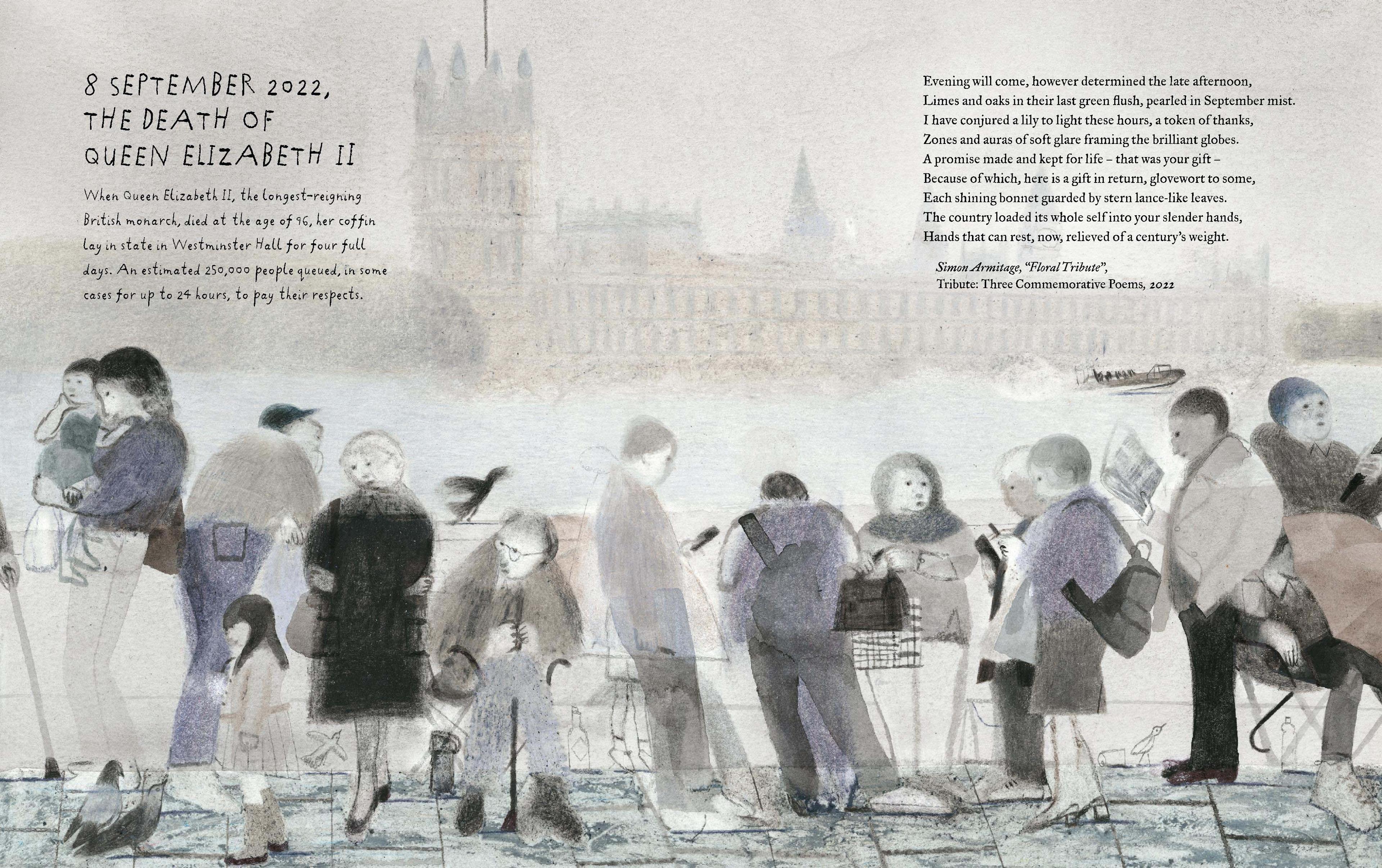 A double page spread of a book featuring some text about the death of Queen Elizabeth II and an illustration of a queue of people standing in a line against the backdrop of a river and the houses of parliament.