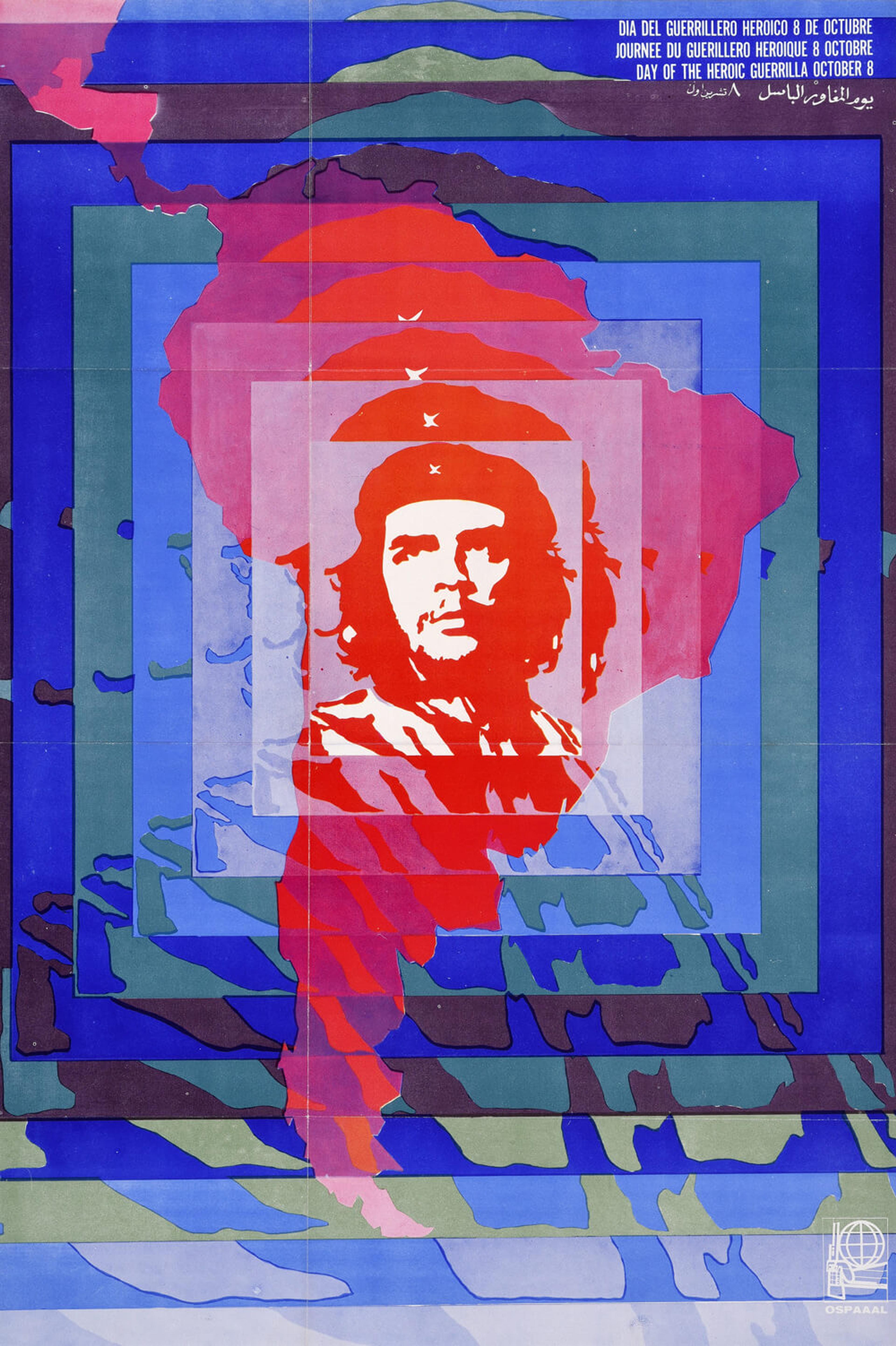 A colourful poster of Che Guevara's face superimposed over a map of South America