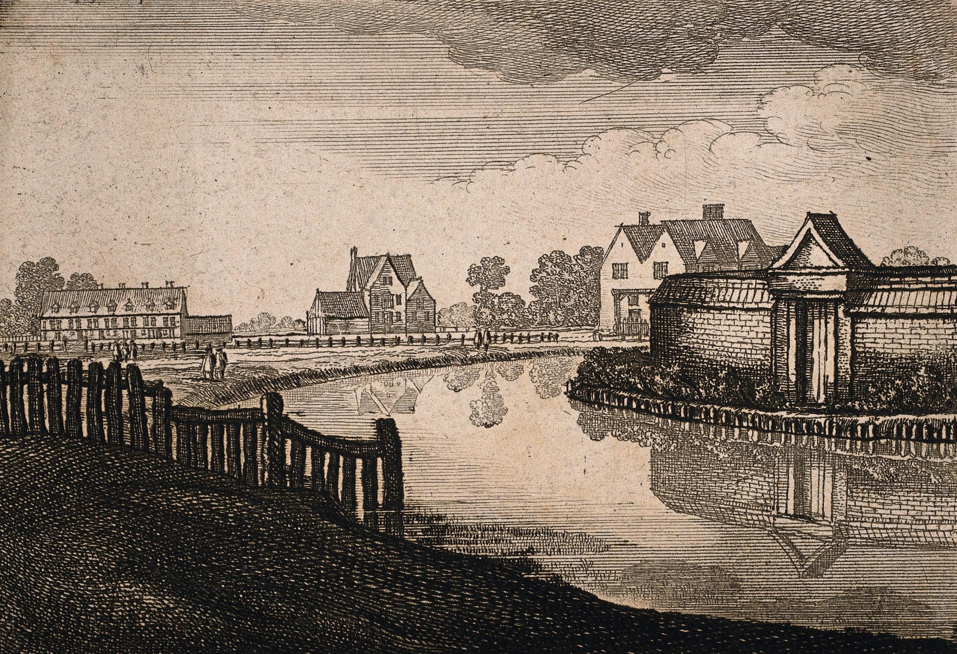 Etching of brick wall surrounded by water