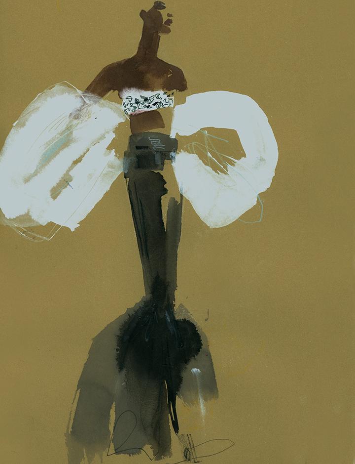 Illustration of figure wearing black and white dress.