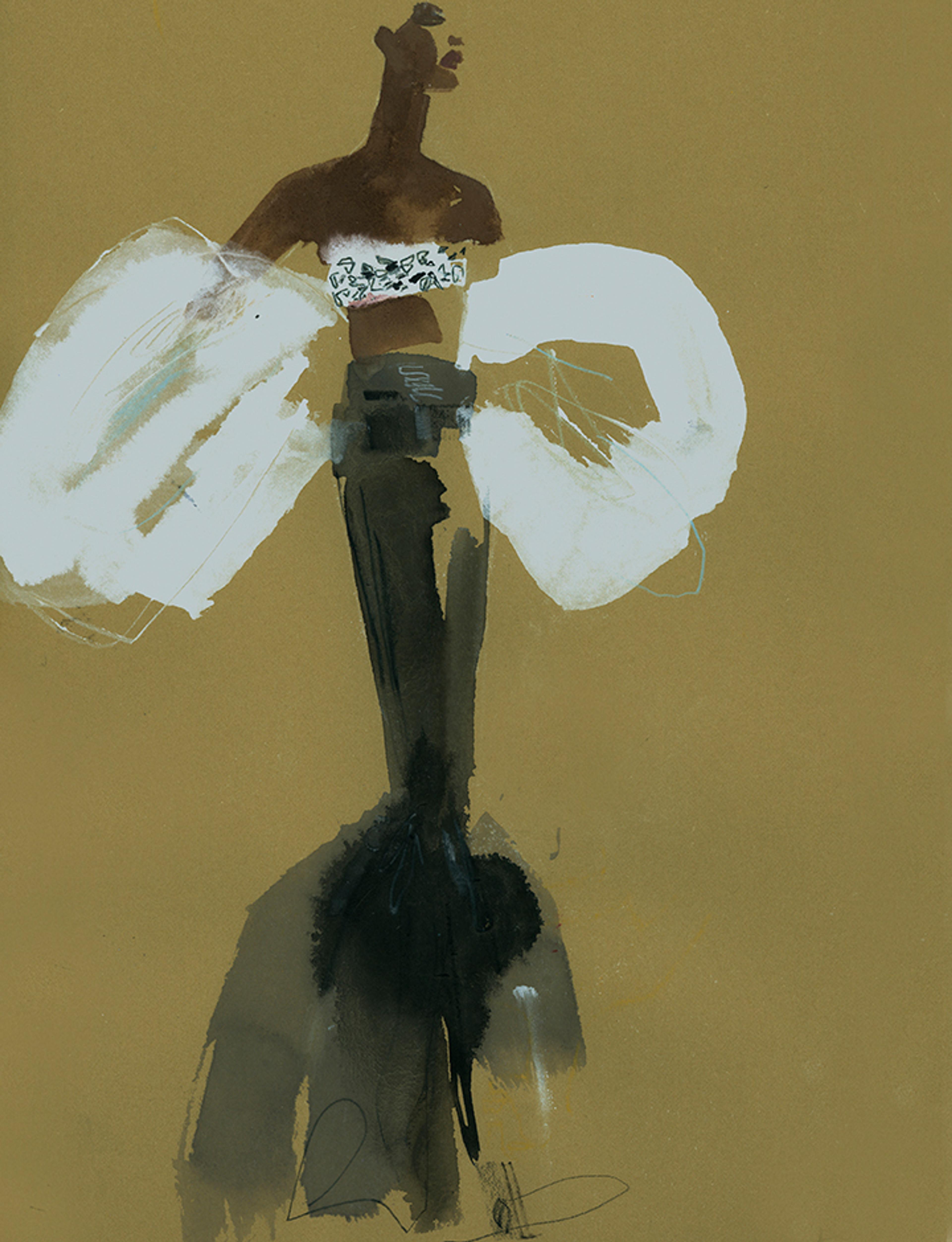 Illustration of figure wearing black and white dress.