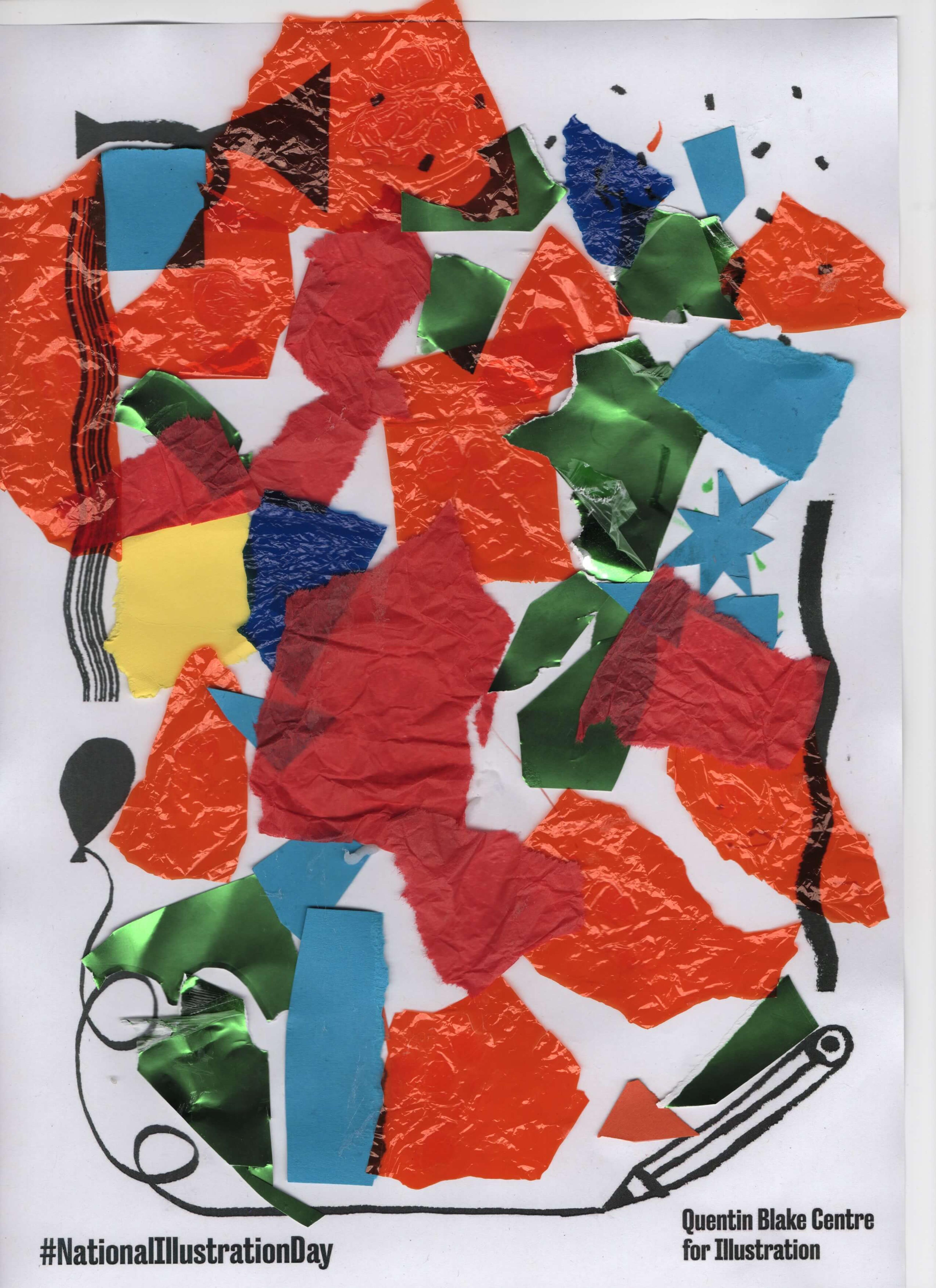 A colourful abstract collage made using many torn pieces of paper.
