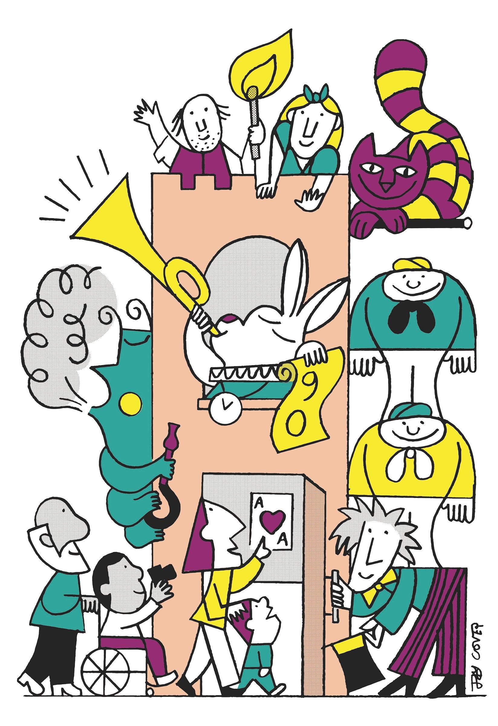 Illustration of a castle surrounded by characters from Alice in Wonderland, with Quentin Blake at the top holding a match