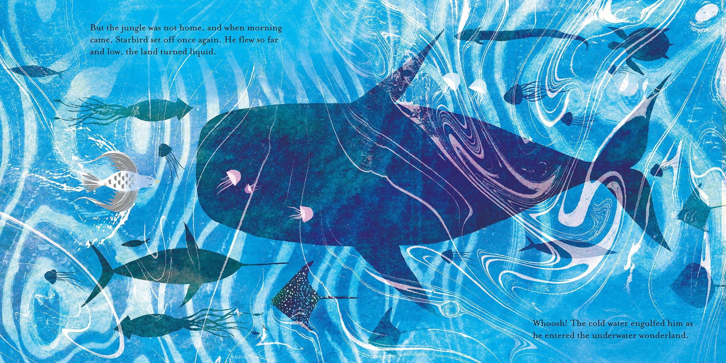 Illustration of an underwater scene with fish, whales, and squid swimming