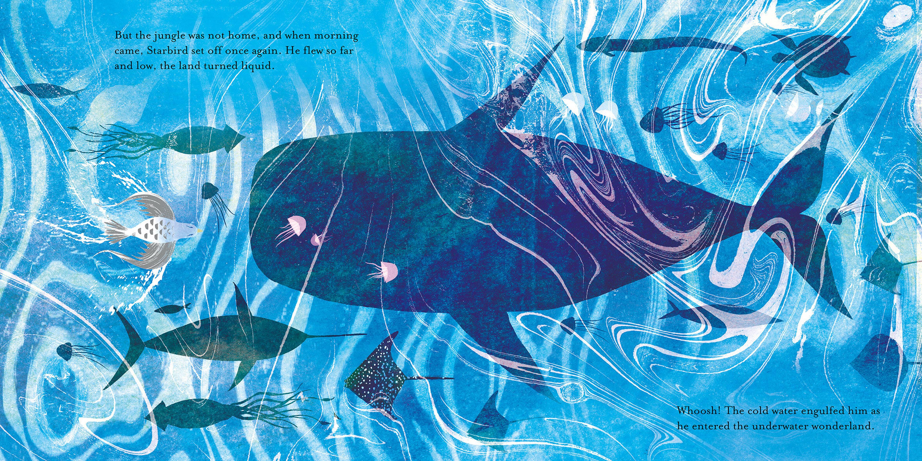 Illustration of an underwater scene with fish, whales, and squid swimming