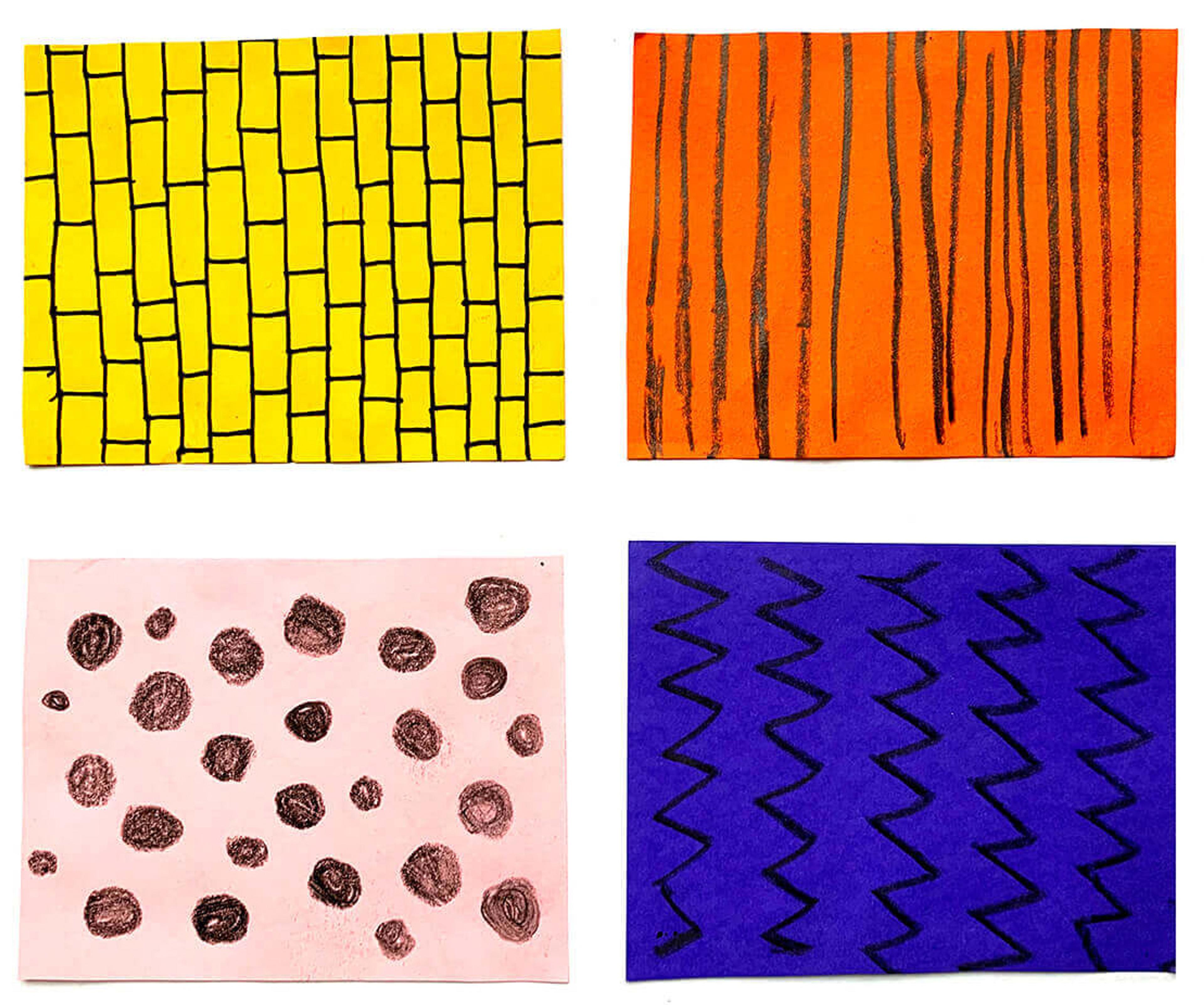 Four coloured squares with different hand-drawn patterns