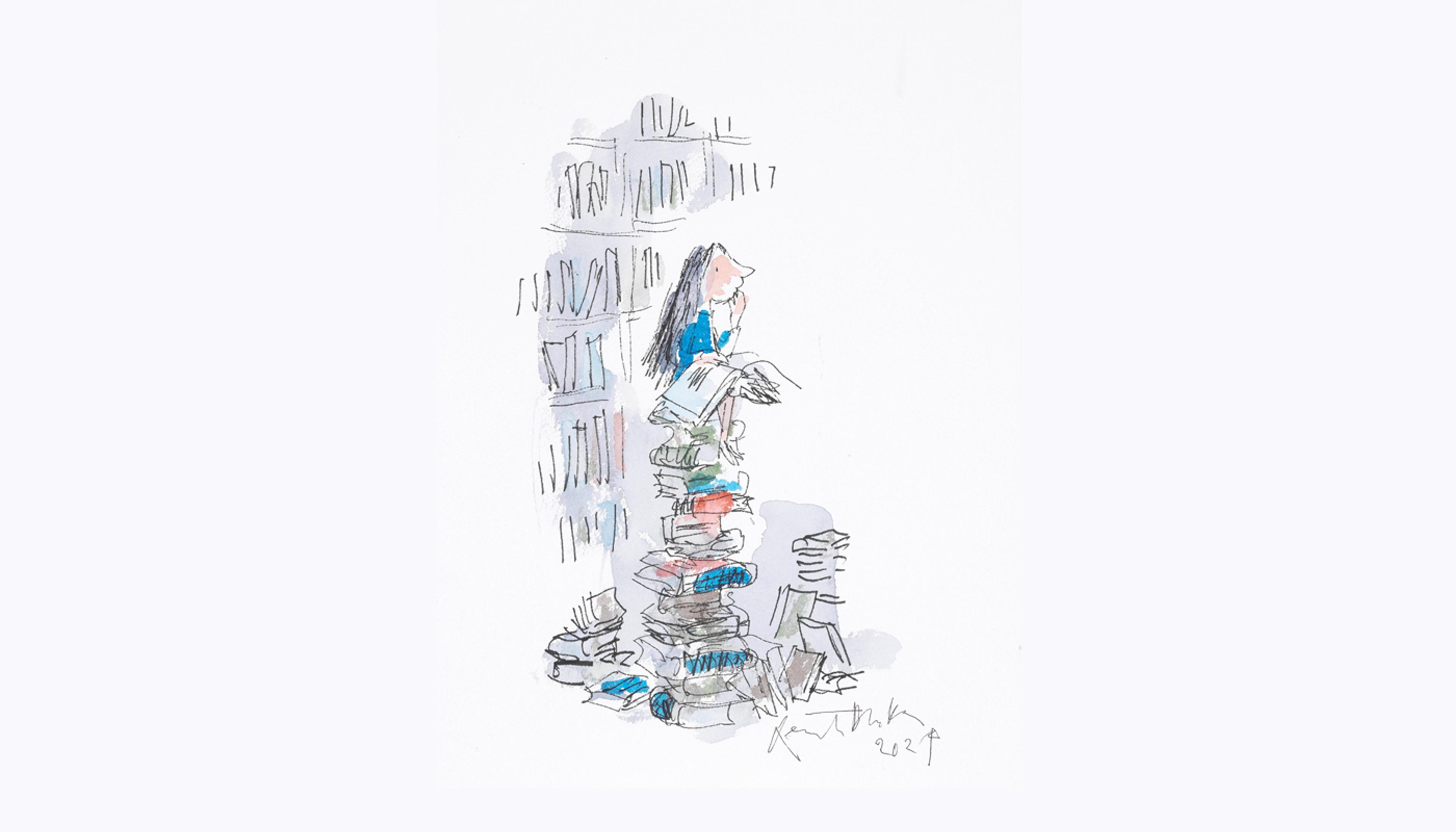 Illustration of a child sitting on top of a pile of books reading a book. Shelves of books are behind them.