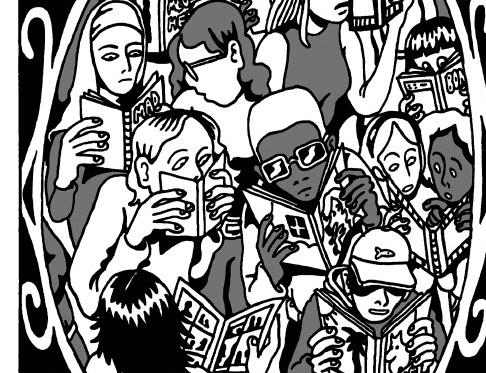 A black and white comic panel. On the left, it shows a crowd of people avidly reading comics. On the right, it shows in text and images how comics have always been a medium used to tell stories.