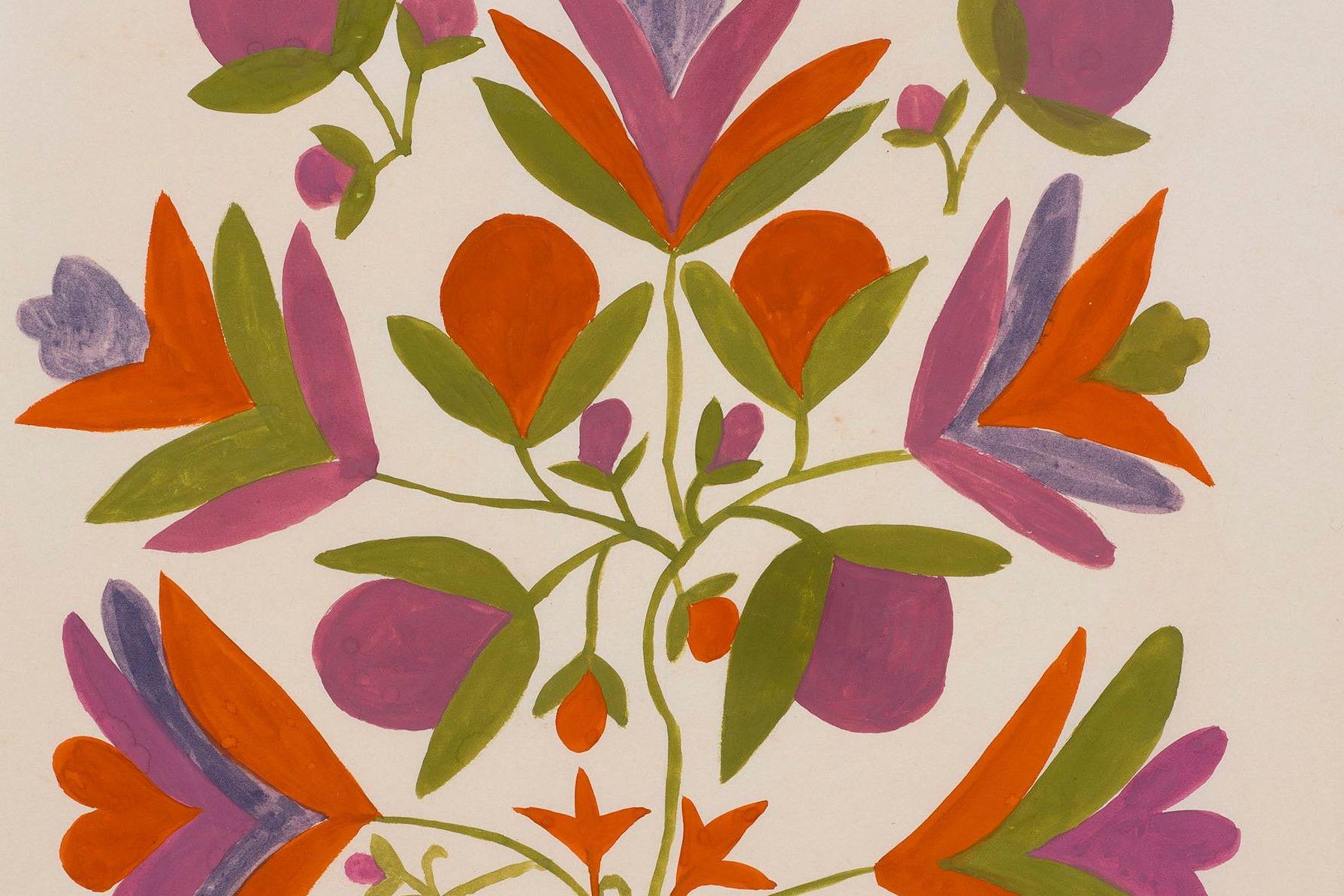 Drawing of four people performing classical Thai dance wearing yellow, pink and orange costume