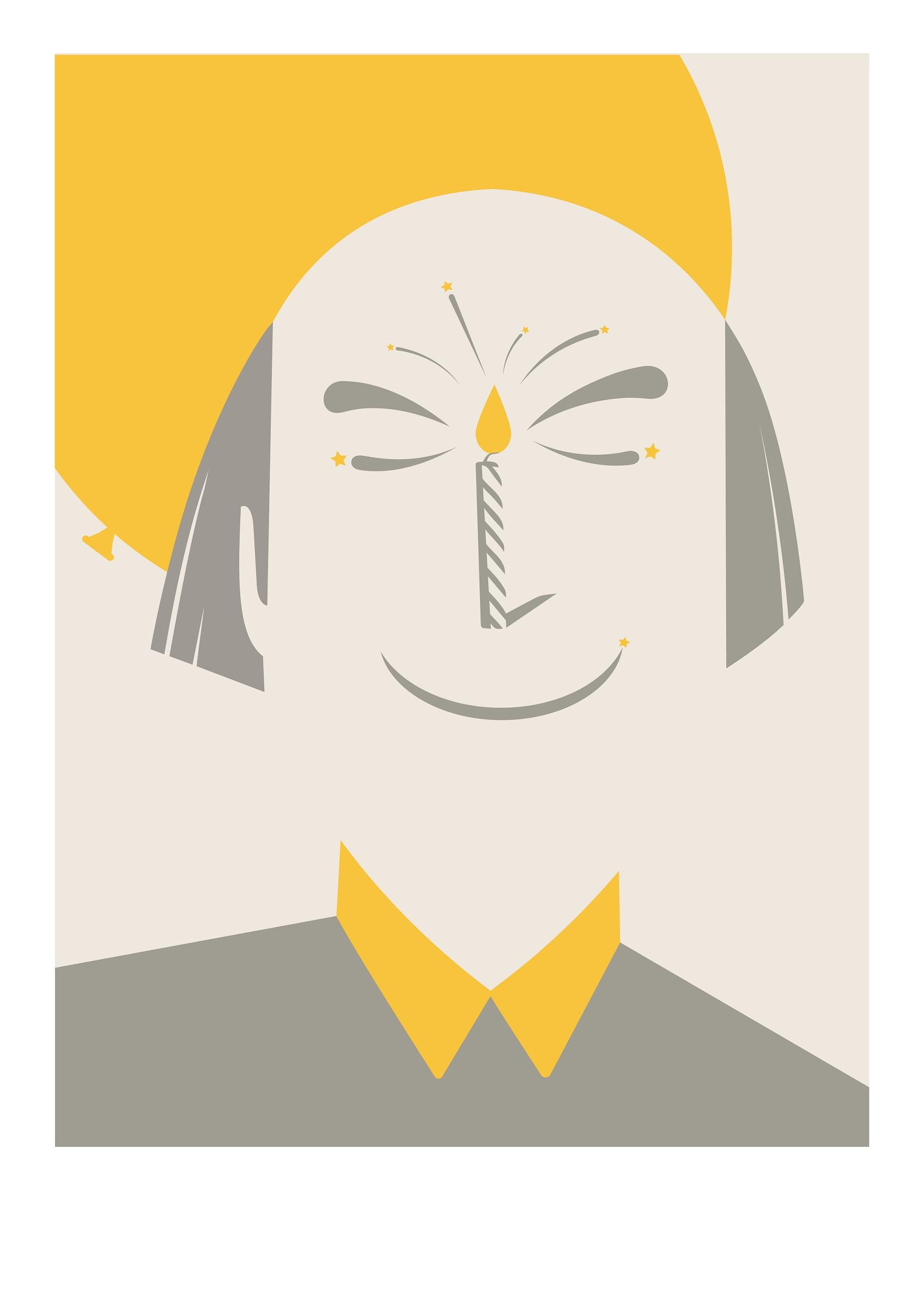 A portrait of Quentin Blake, made up of balloons and fireworks