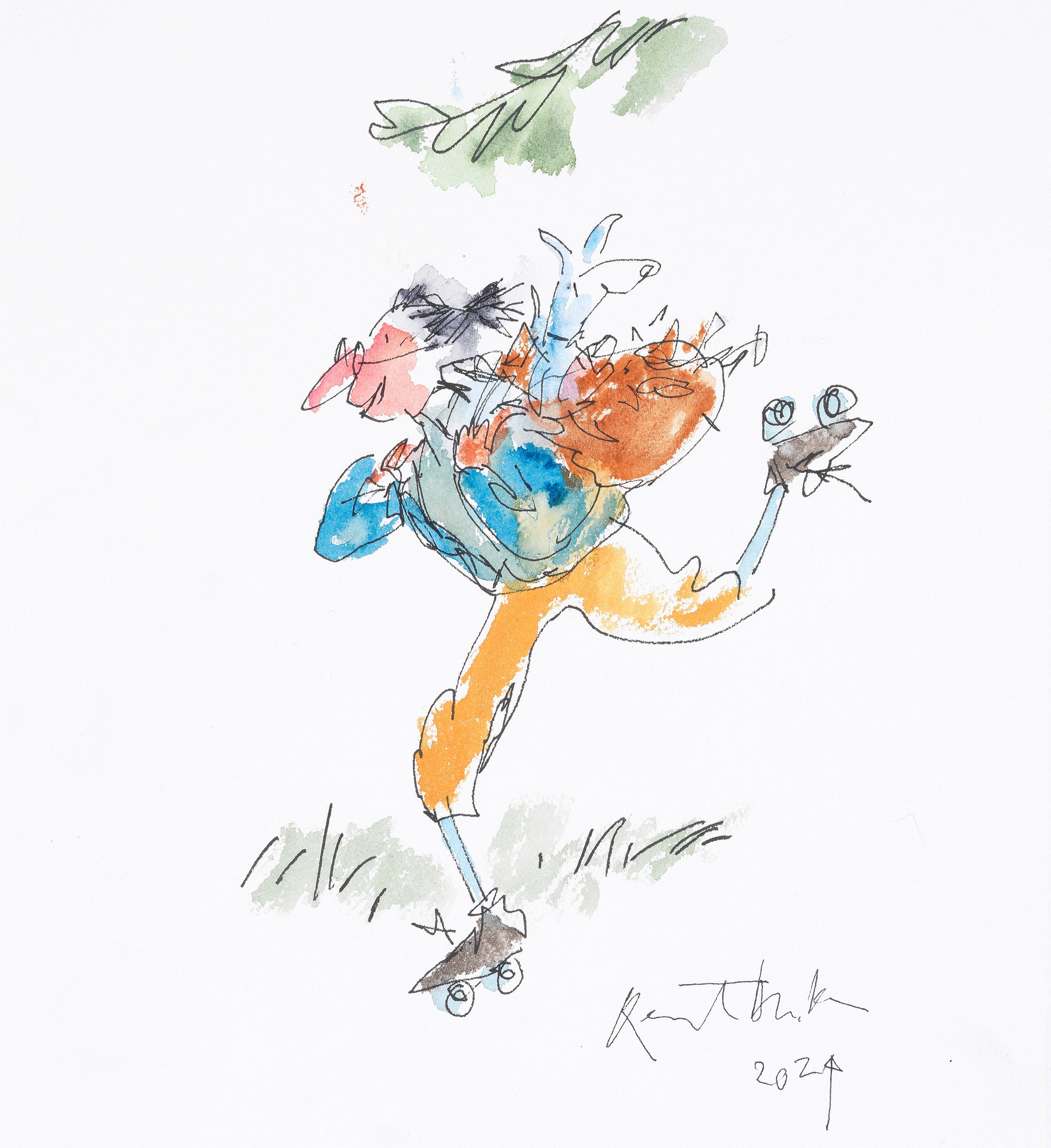 Illustration of a person skating on roller skates, they are wearing a rucksack on their back with a dog in it.