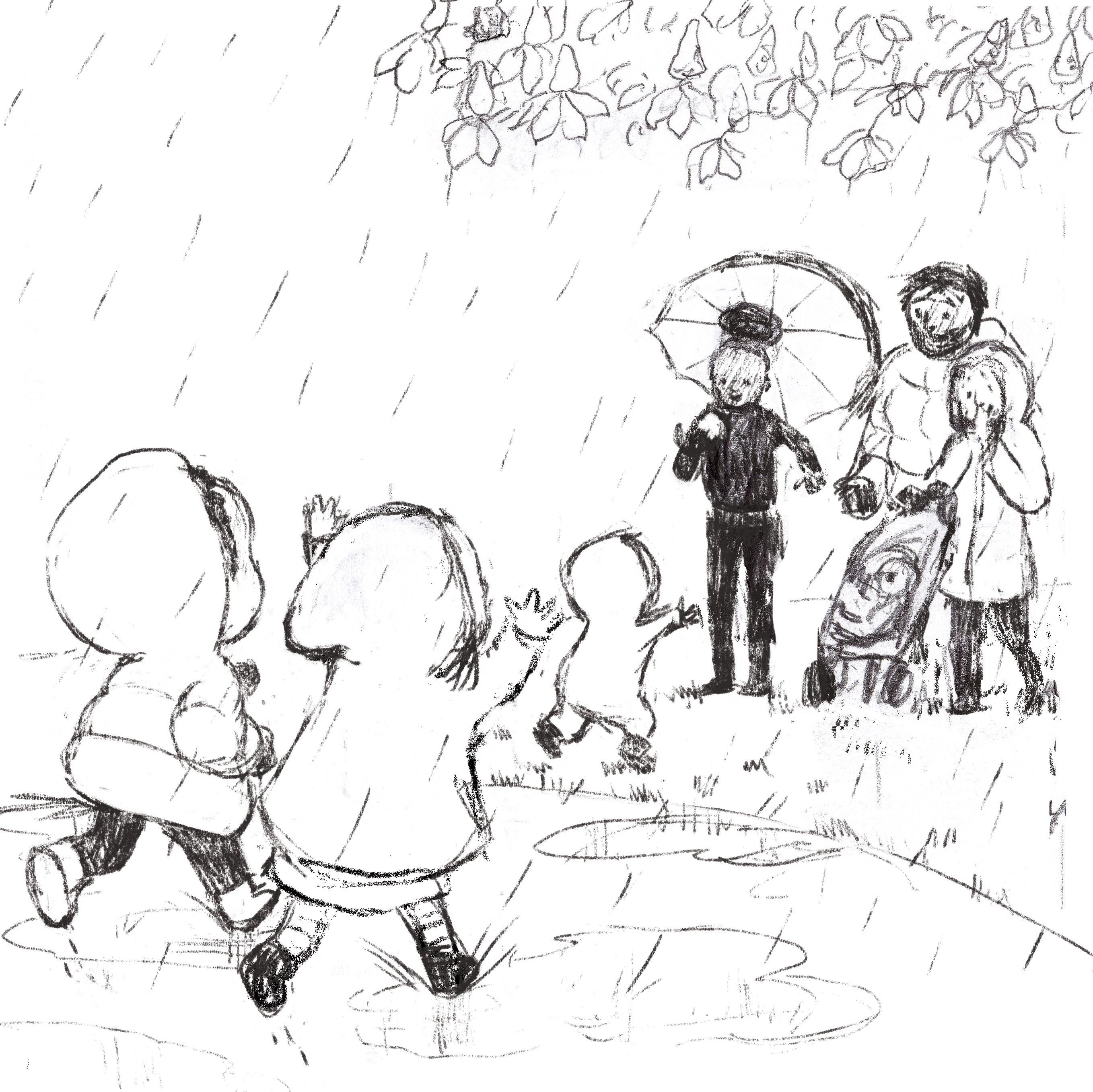 Pencil illustration of three adults with one pushchair with a child in it, with the backs of three children as they run towards the adults.