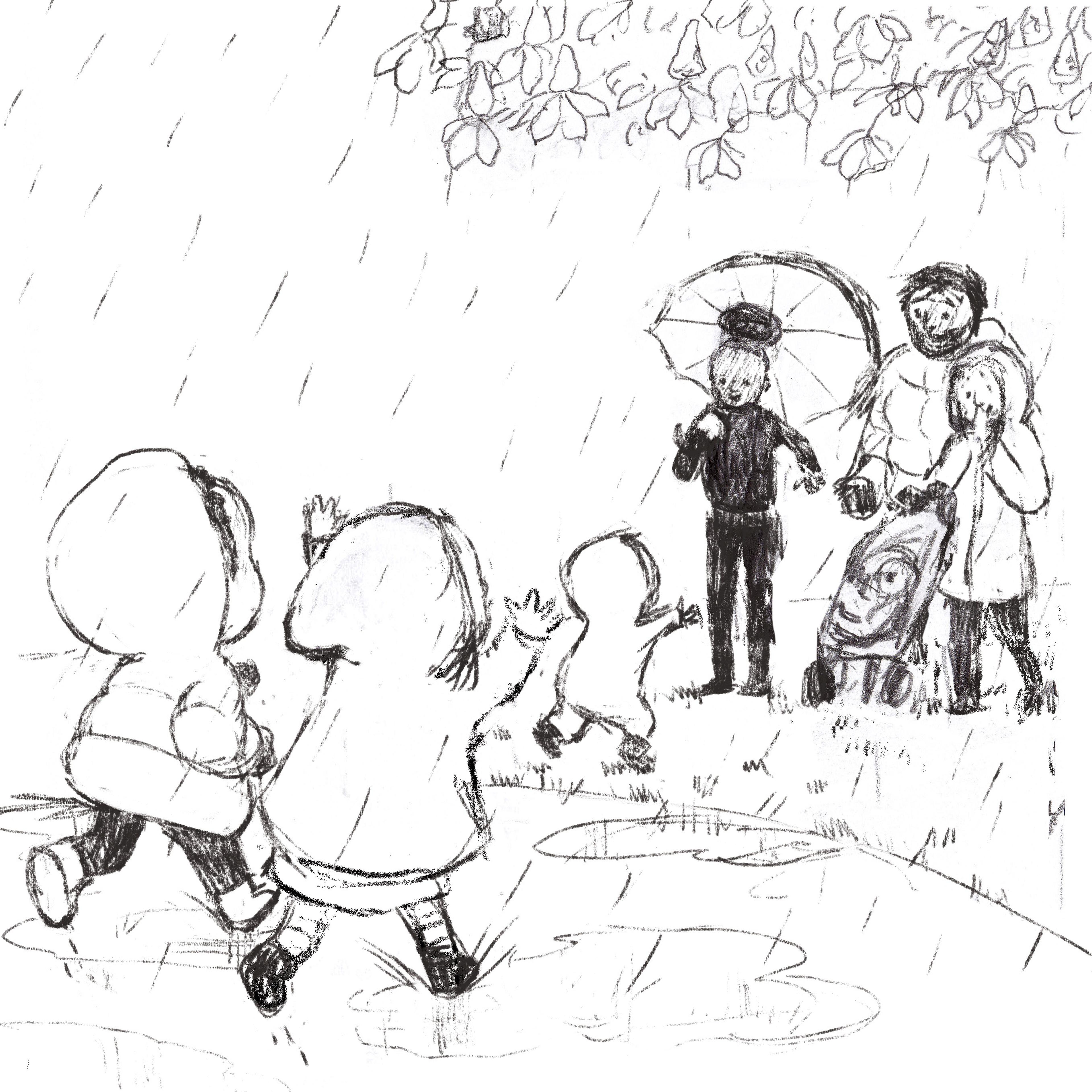Pencil illustration of three adults with one pushchair with a child in it, with the backs of three children as they run towards the adults.