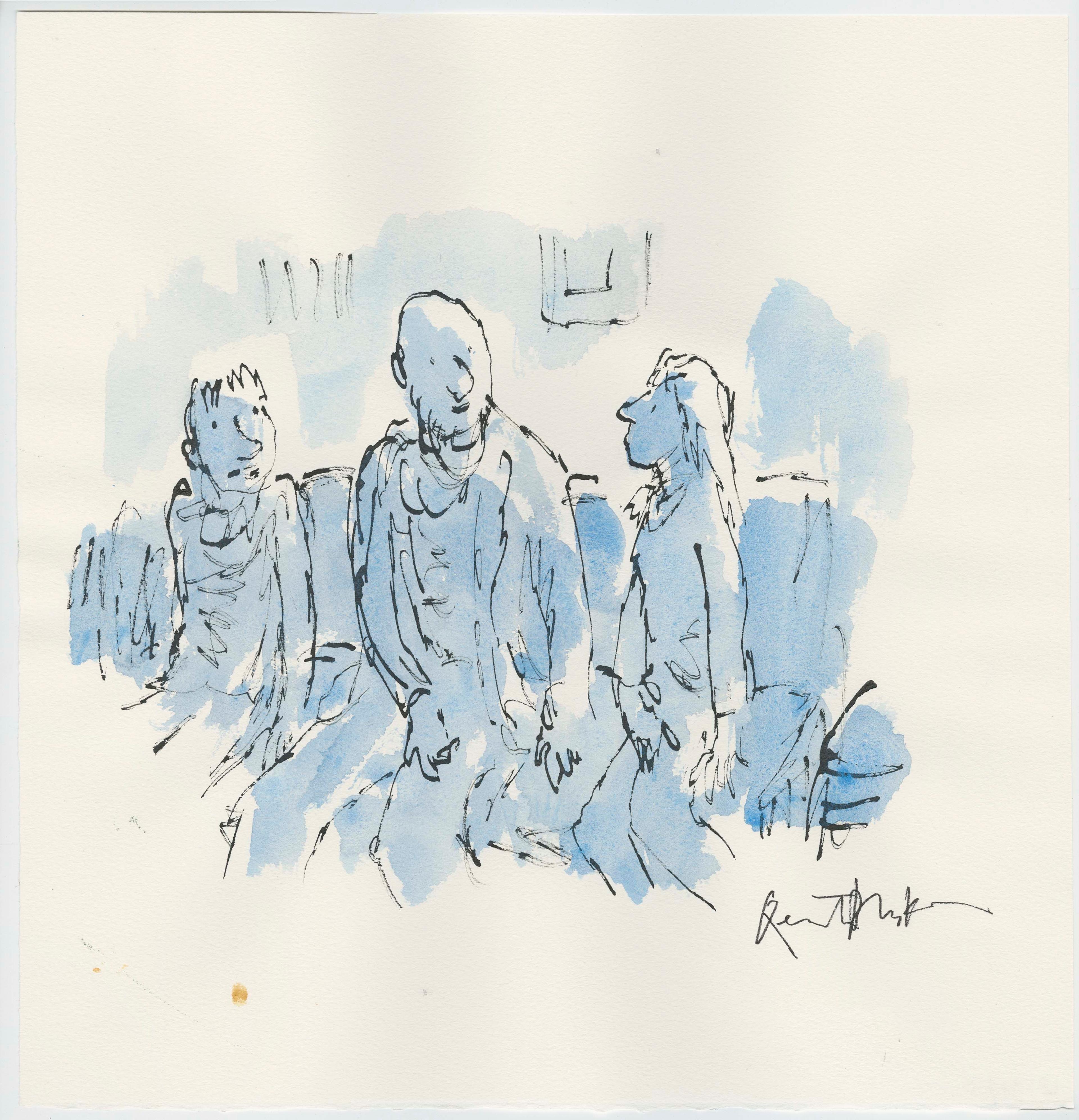 An illustration of a family of two adults and a young person sitting and talking, in black ink and blue watercolour