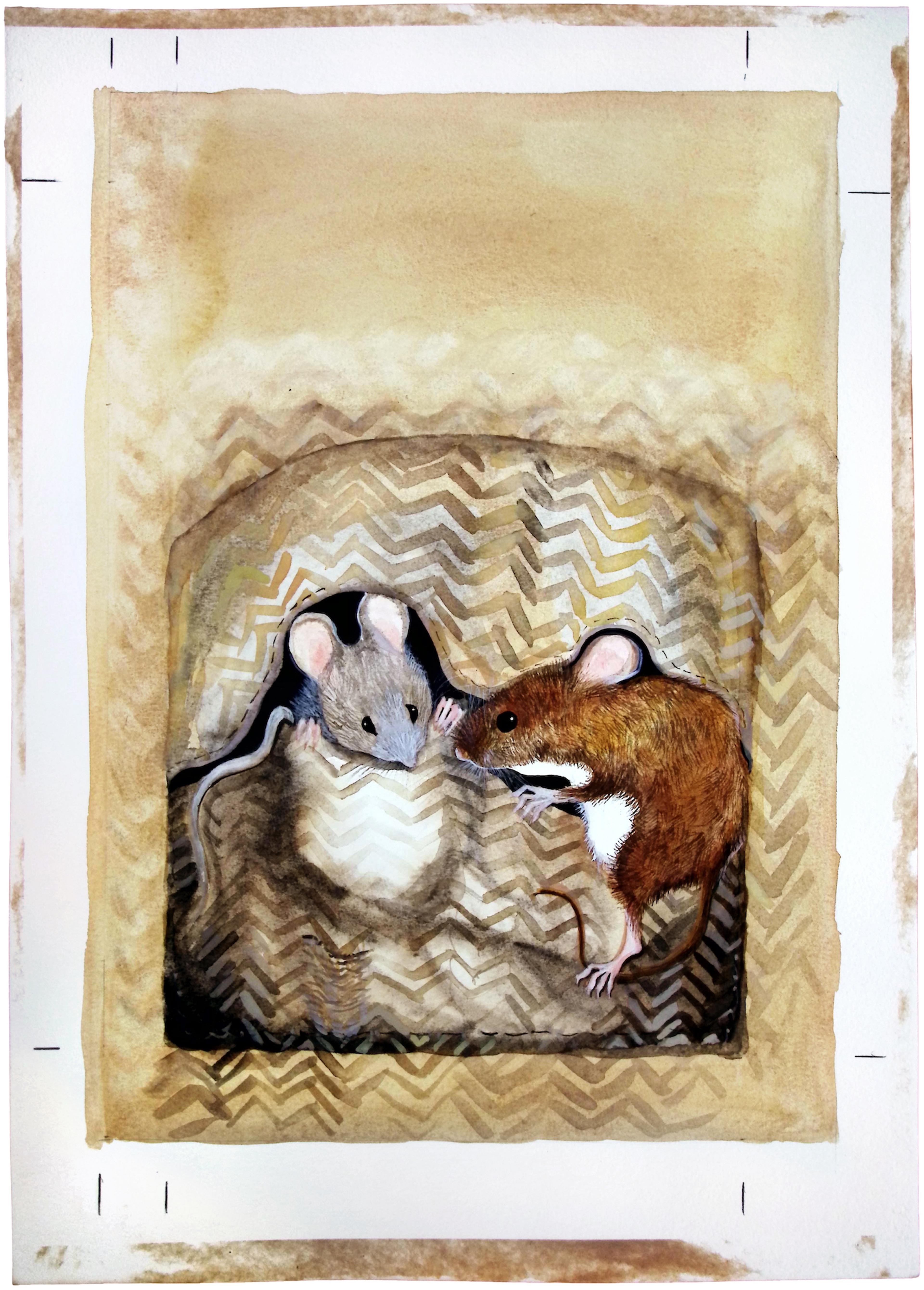 Painting of a grey and a brown mouse inside a brown herringbone coat pocket