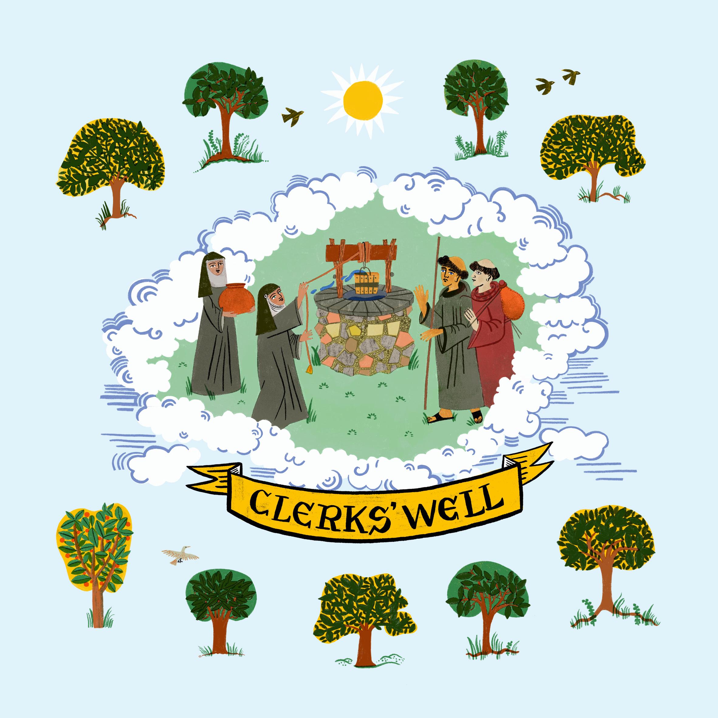 Illustration of a stone well with two nuns standing on the left and two monks standing on the right. The scene is surrounded by clouds and a ring of trees and a yellow ribbon with the words "Clerk's Well"