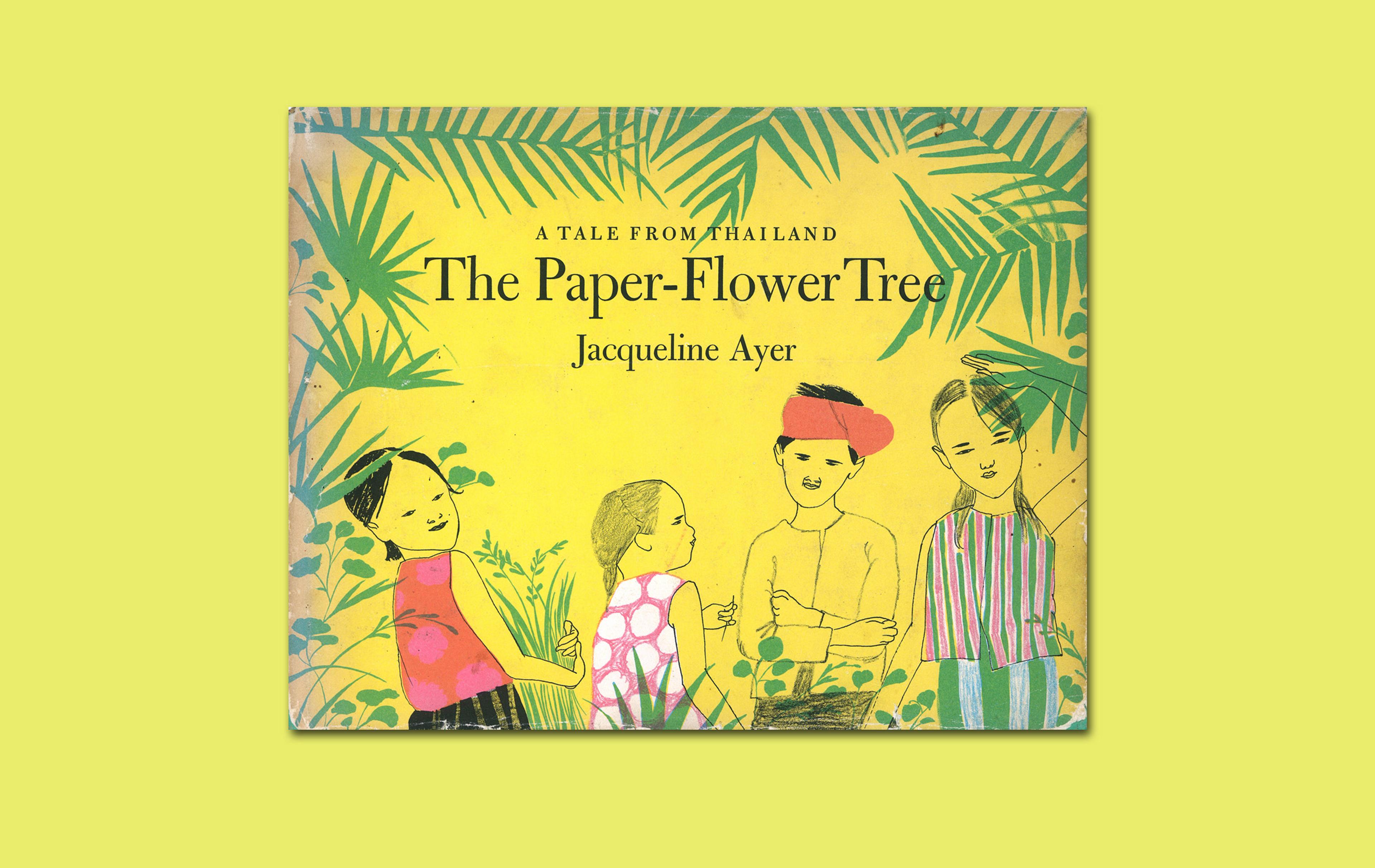Book cover of The Paper-Flower Tree, illustrated with four children in colourful clothes and a border of green leaves