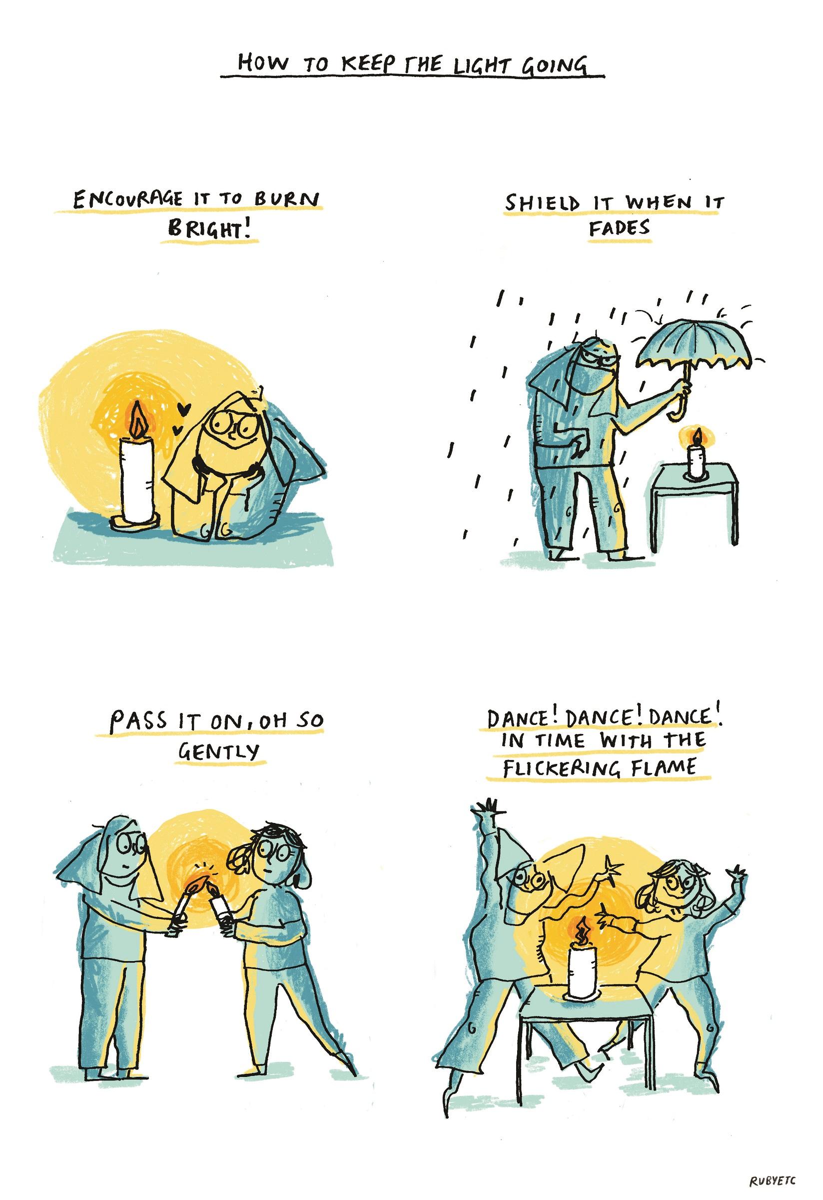 Illustration of four scenes with the text: How to keep the light going. Encourage it to burn bright! Shield it when it fades. Pass it on, oh so gently. Dance! Dance! Dance! In time with the flickering flame