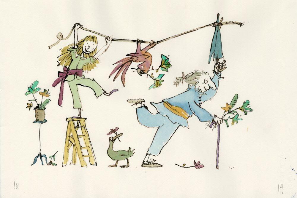 Two family members, maybe a grandmother and a young girl are posing playfully with a step ladder, 2 birds and flowers.