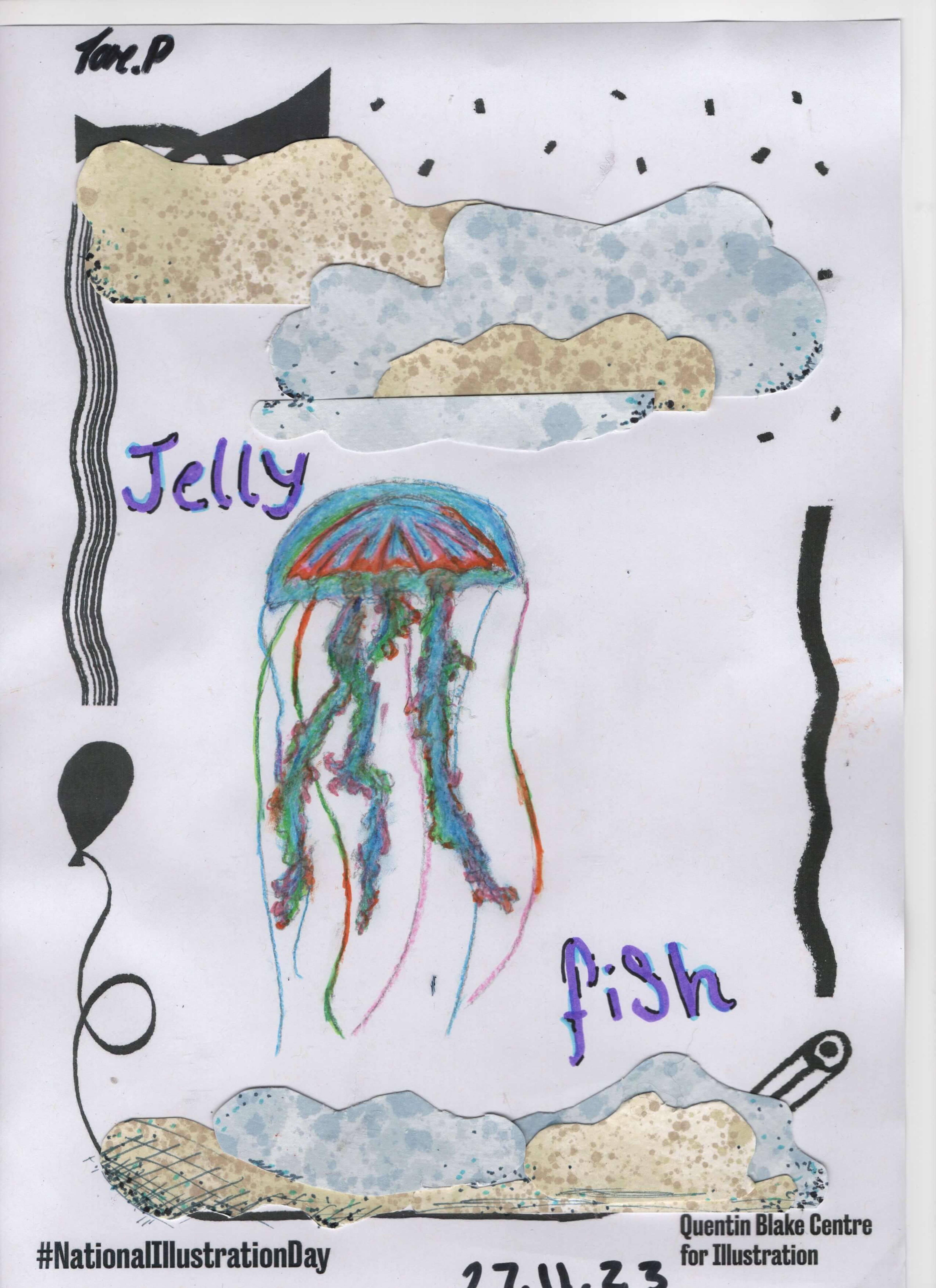 Drawing of a blue jellyfish, with the animal's name written in the picture. 