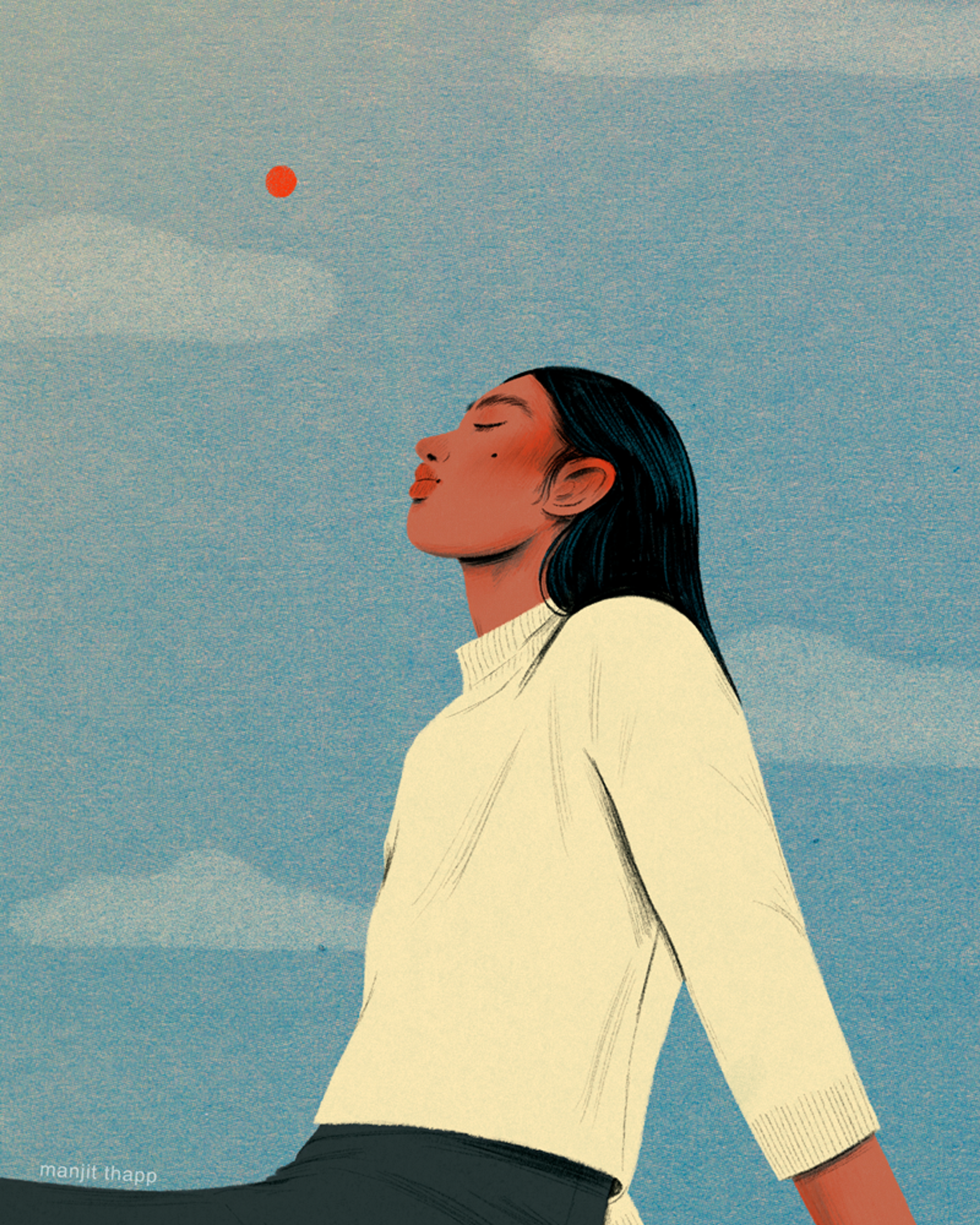 Digital illustration of a girl with dark hair peacefully sitting with her eyes closed against the backdrop of the sky with a small orange sun