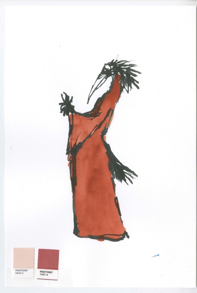 An illustration of a crow-like characters wearing a long red dress.