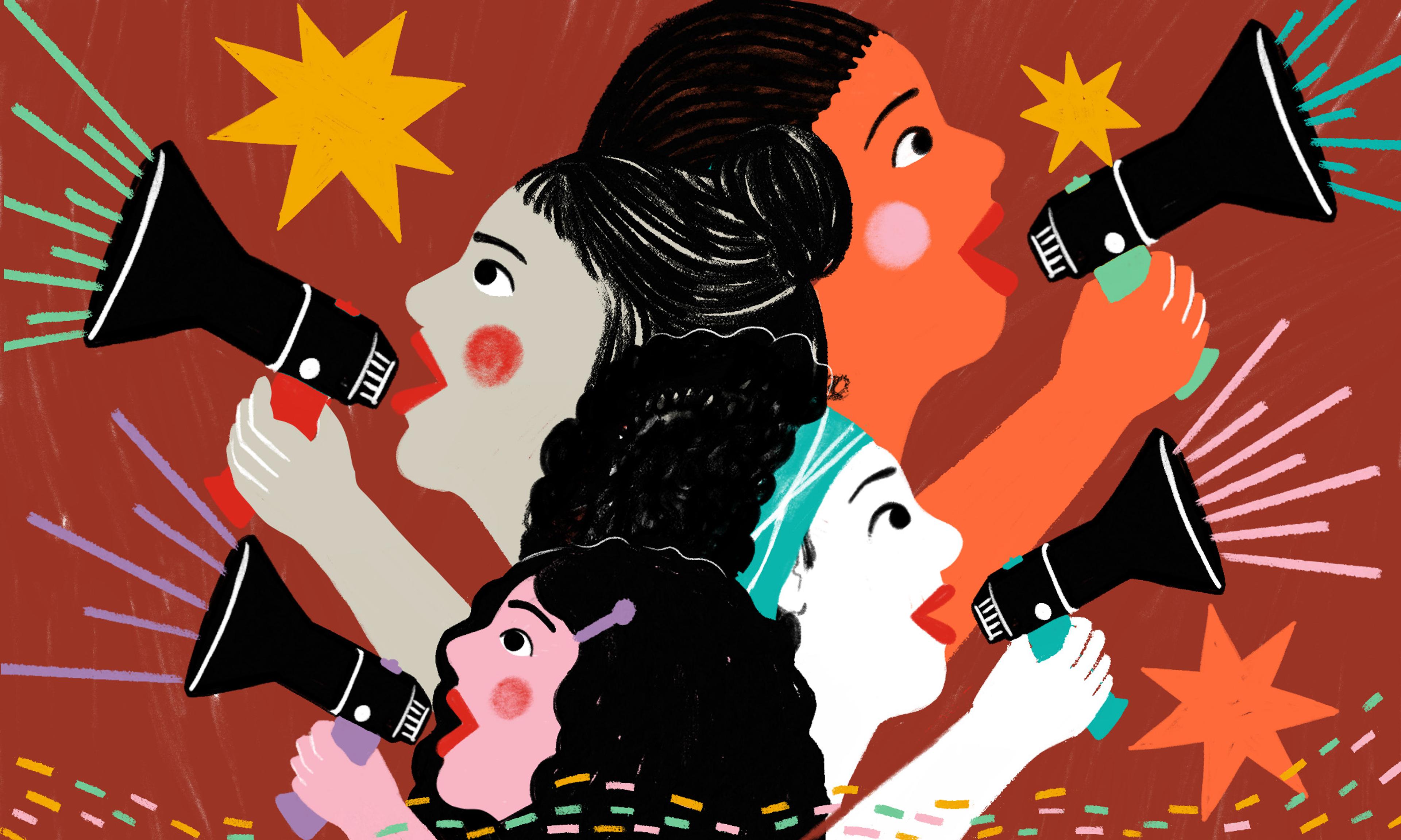 Vibrant and playful illustration of four different people, all wearing make up. Their mouths are open and they are each holding a megaphones which has lines illustrated coming out of the ends.
