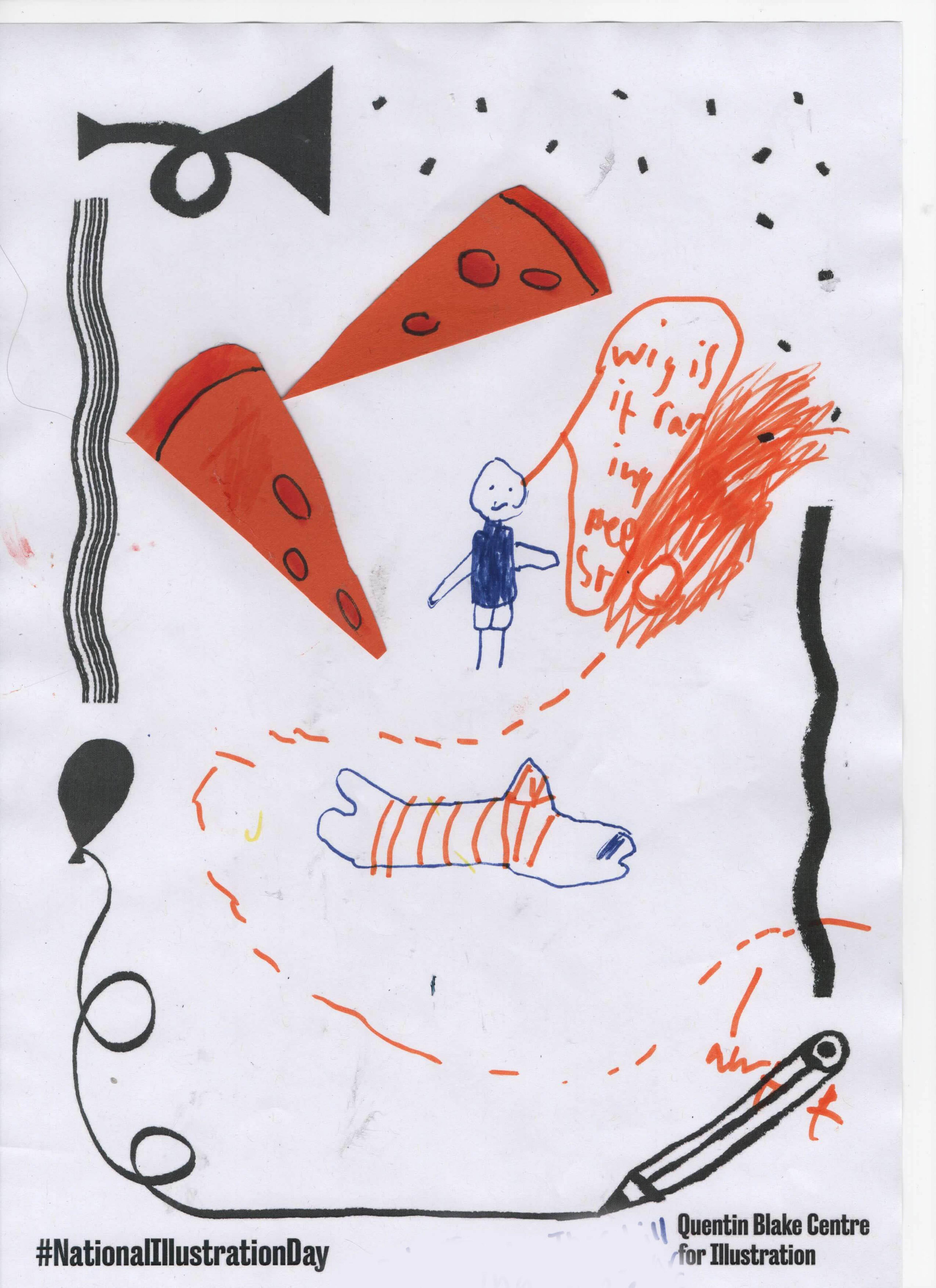 A child's sketch pen drawing featuring a simple figure, a fish and flying pizza. 