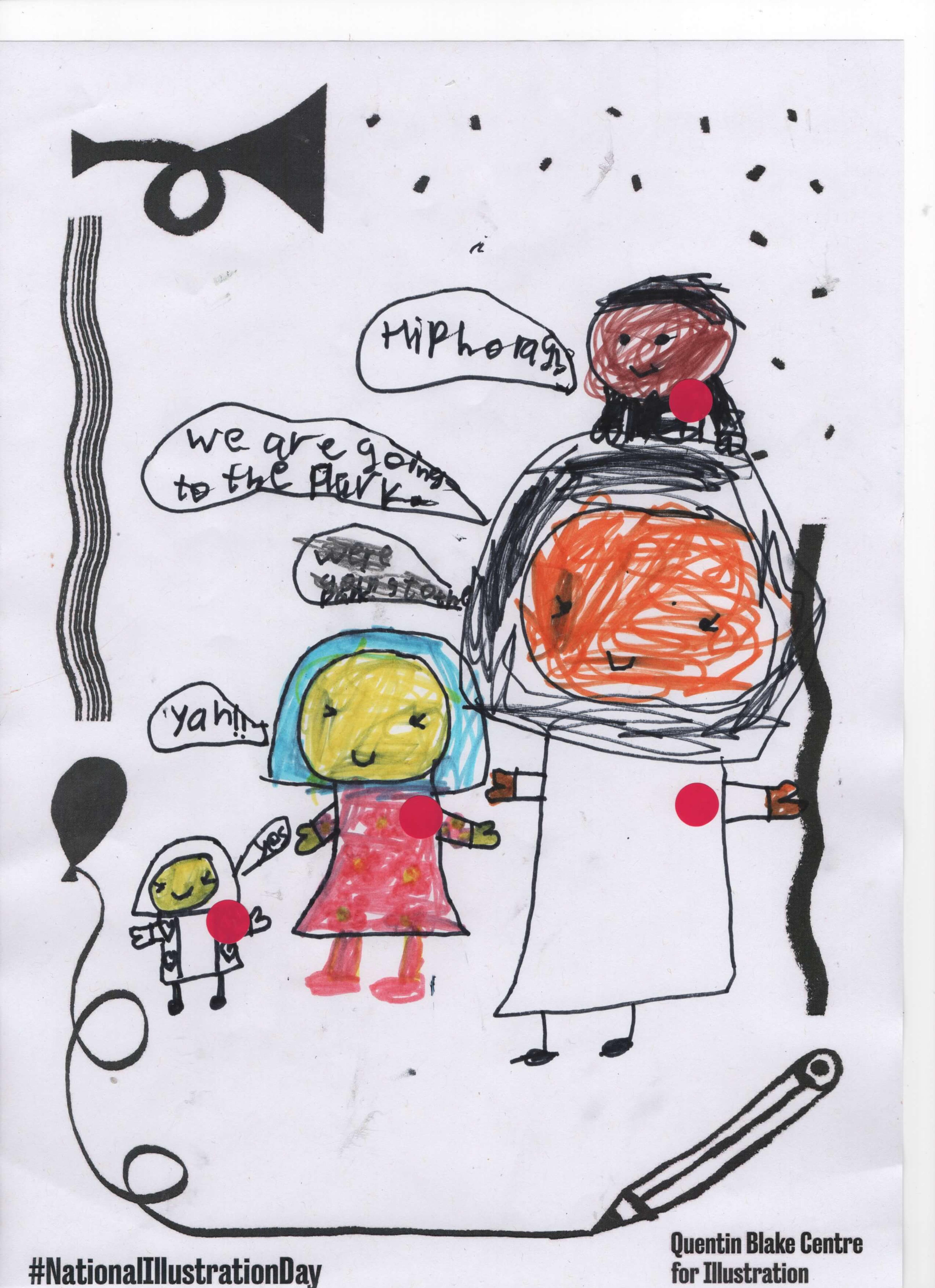 A joyful drawing of a smiling family of four. There are speech bubbles linked to each character, but the writing is difficult to decipher. 