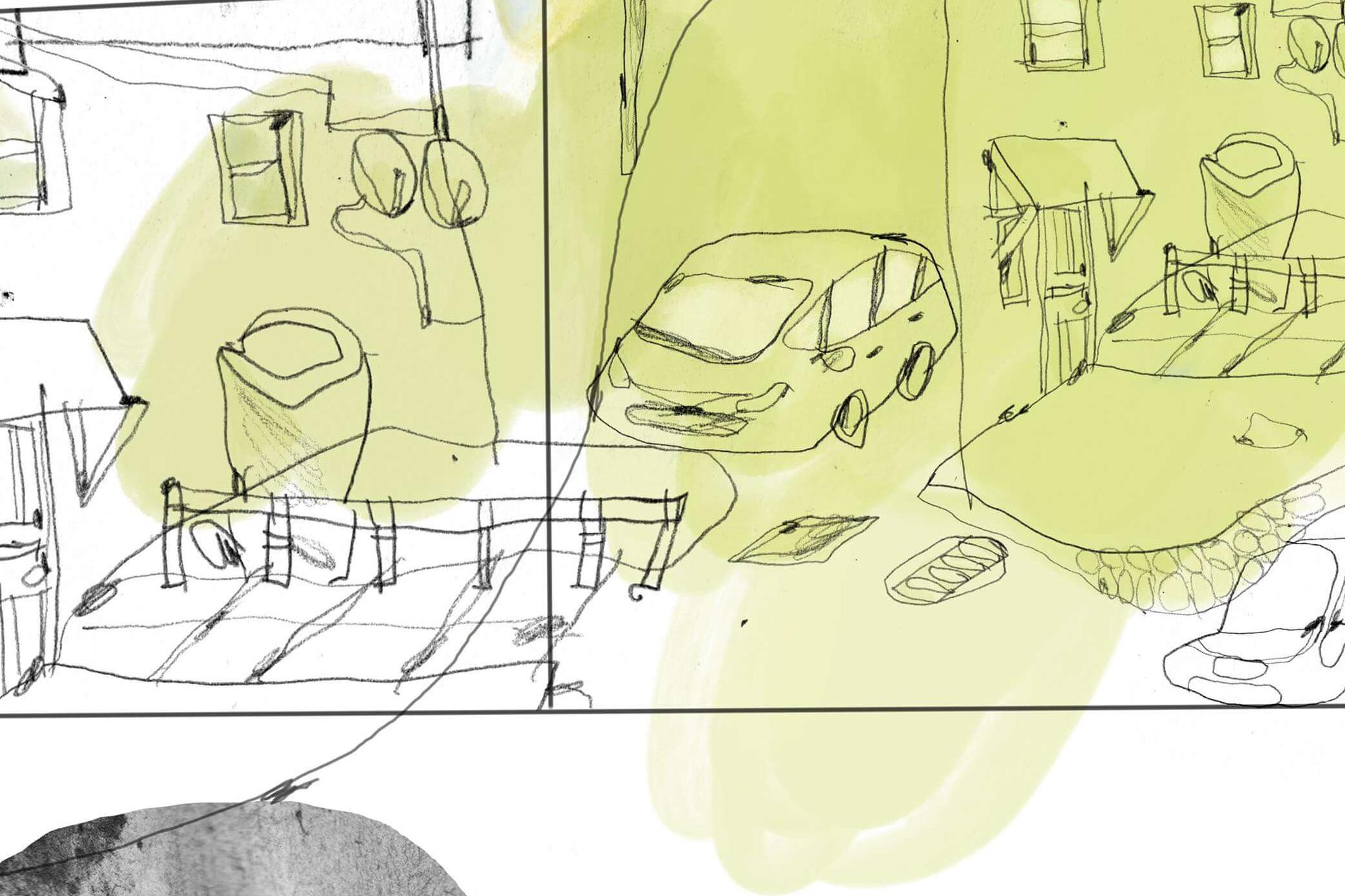 Expressive drawing of a city scene