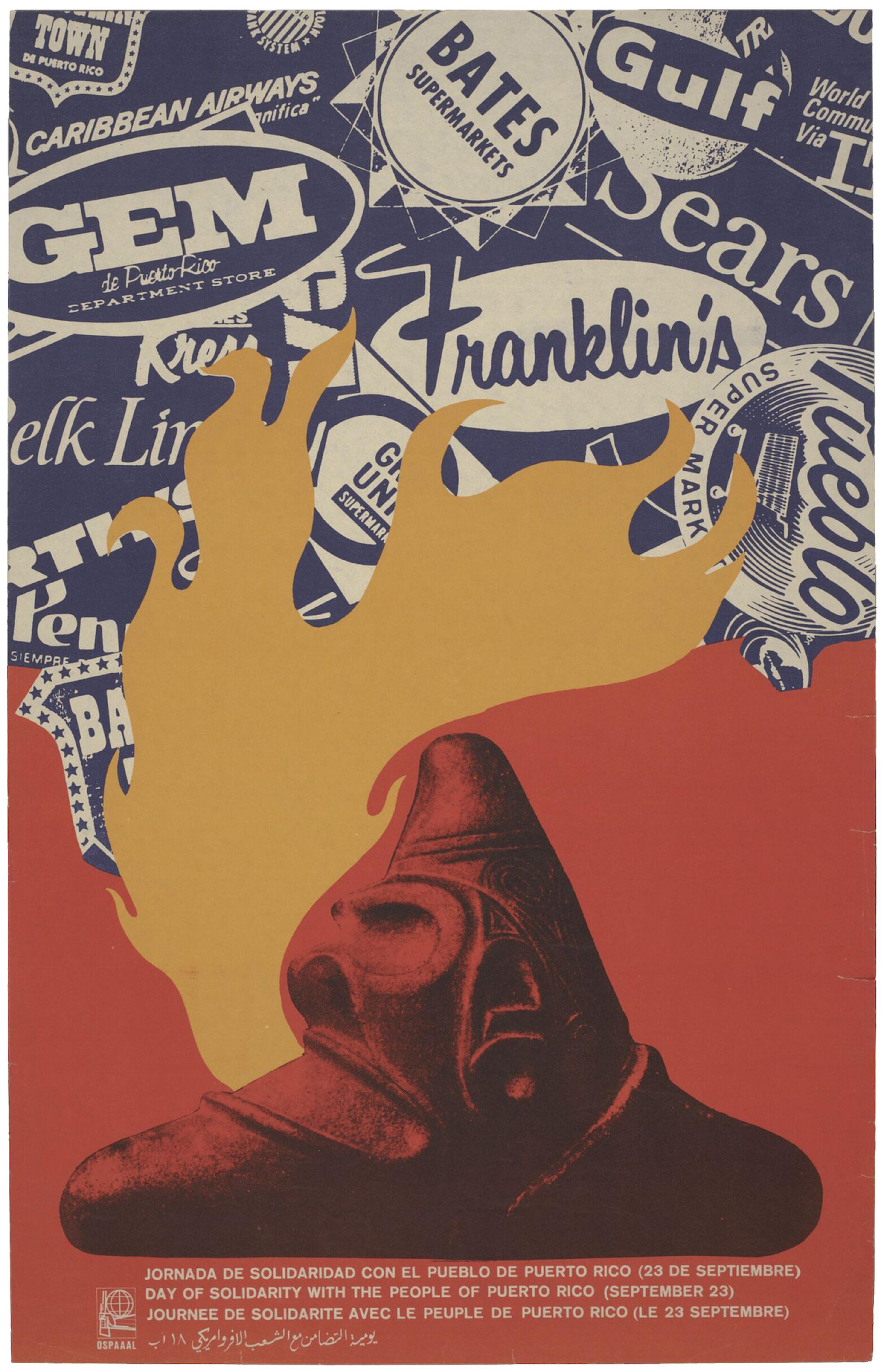 Offset lithograph poster illustrating  a three-point cemí figure breathing fire up onto a collection of American corporation logos. Text along bottom reads 'day of Solidarity with the People of Puerto Rico (23rd September)' in Spanish, English, French and Arabic.