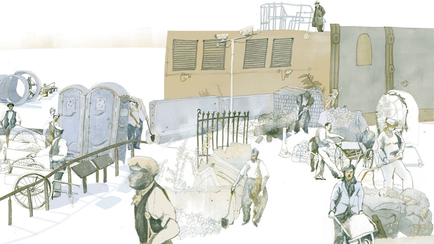 Illustration of people in period costume working