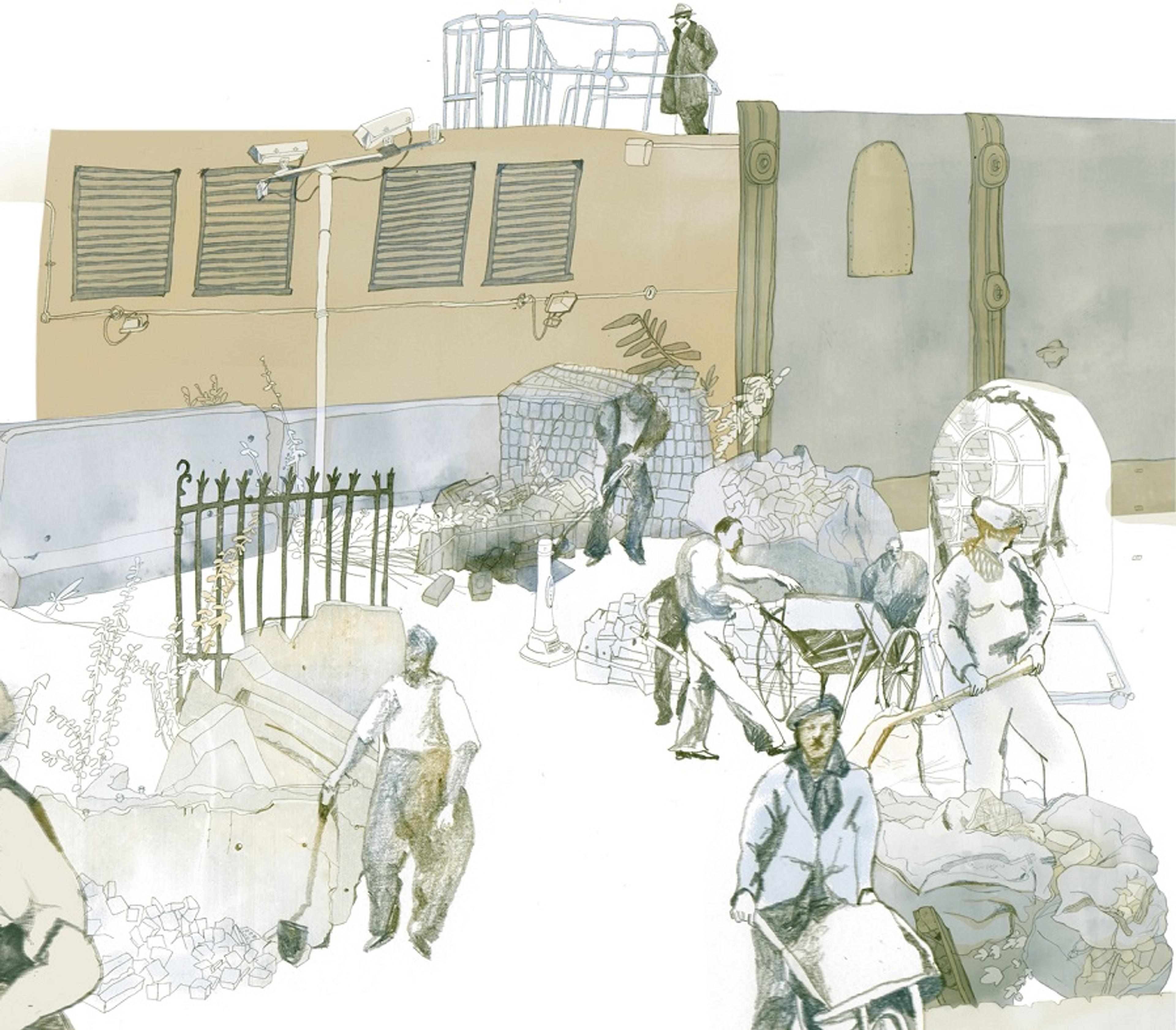 Illustration of people in period costume working