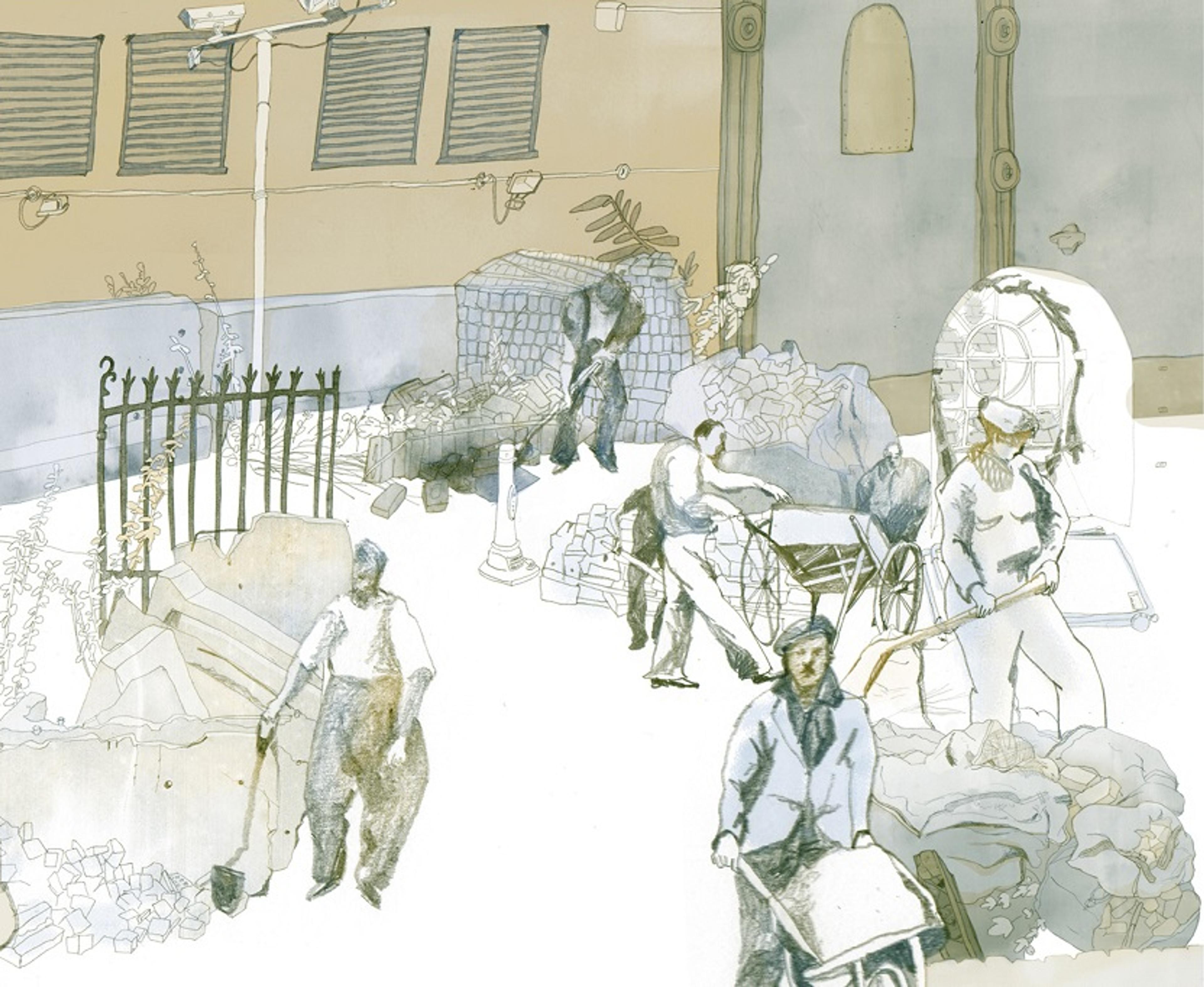 Illustration of people in period clothes working outside