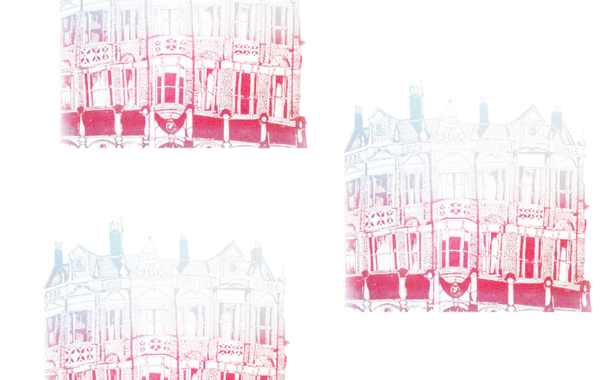 Three detailed line drawings of ornate Victorian buildings, presented in a collage style with pink and light blue watercolor washes fading into a white background.