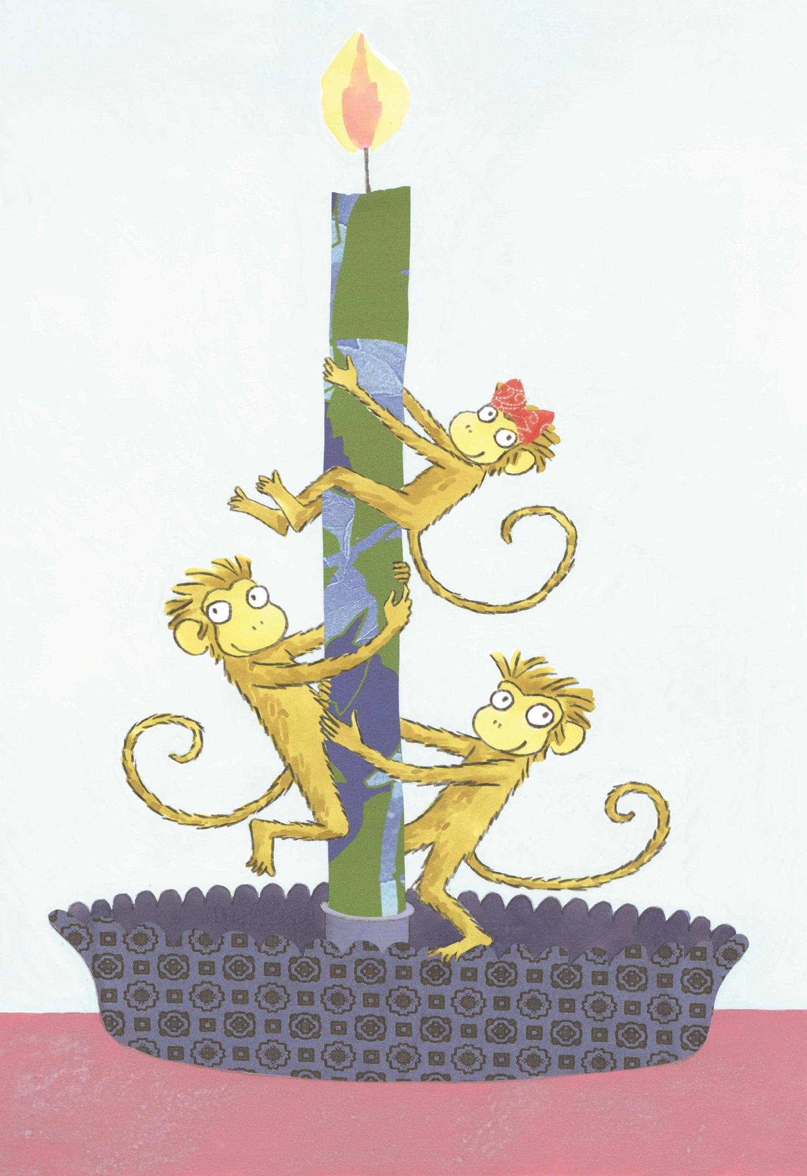Illustration of three monkeys climbing up a candle