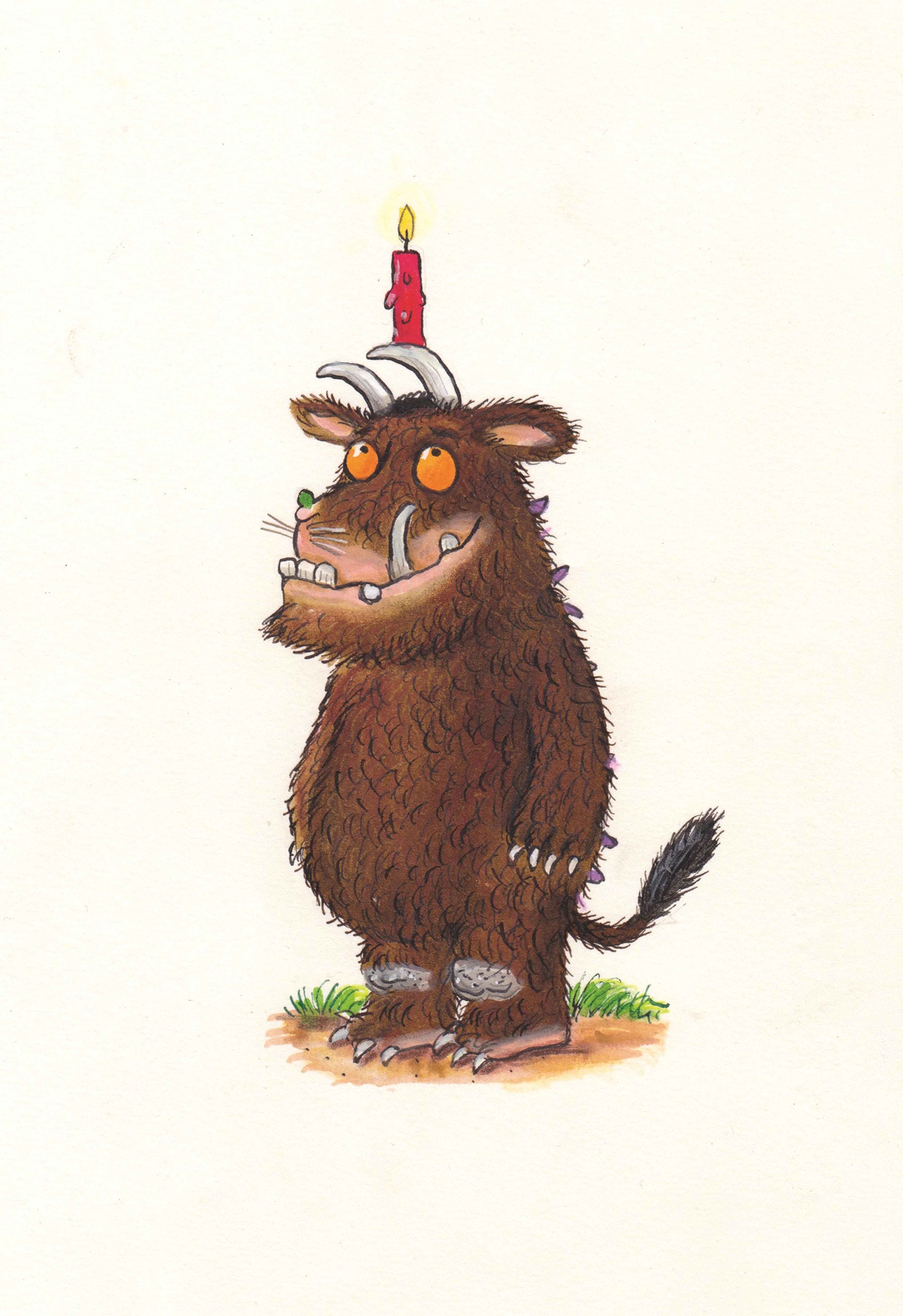 Illustration of the Gruffalo with a red candle on his head