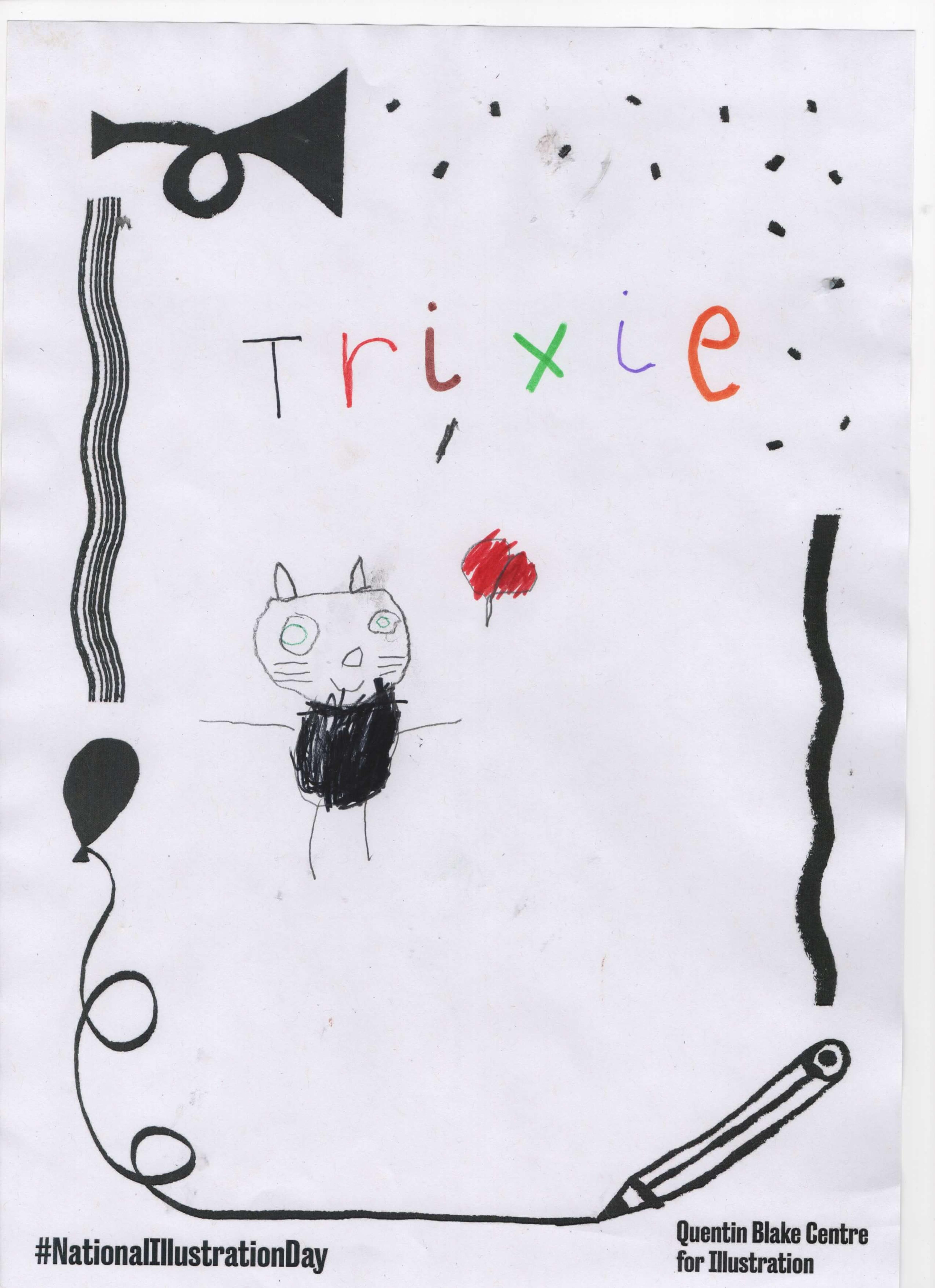 Child's drawing of a smiling cat labelled 'Trixie'. 