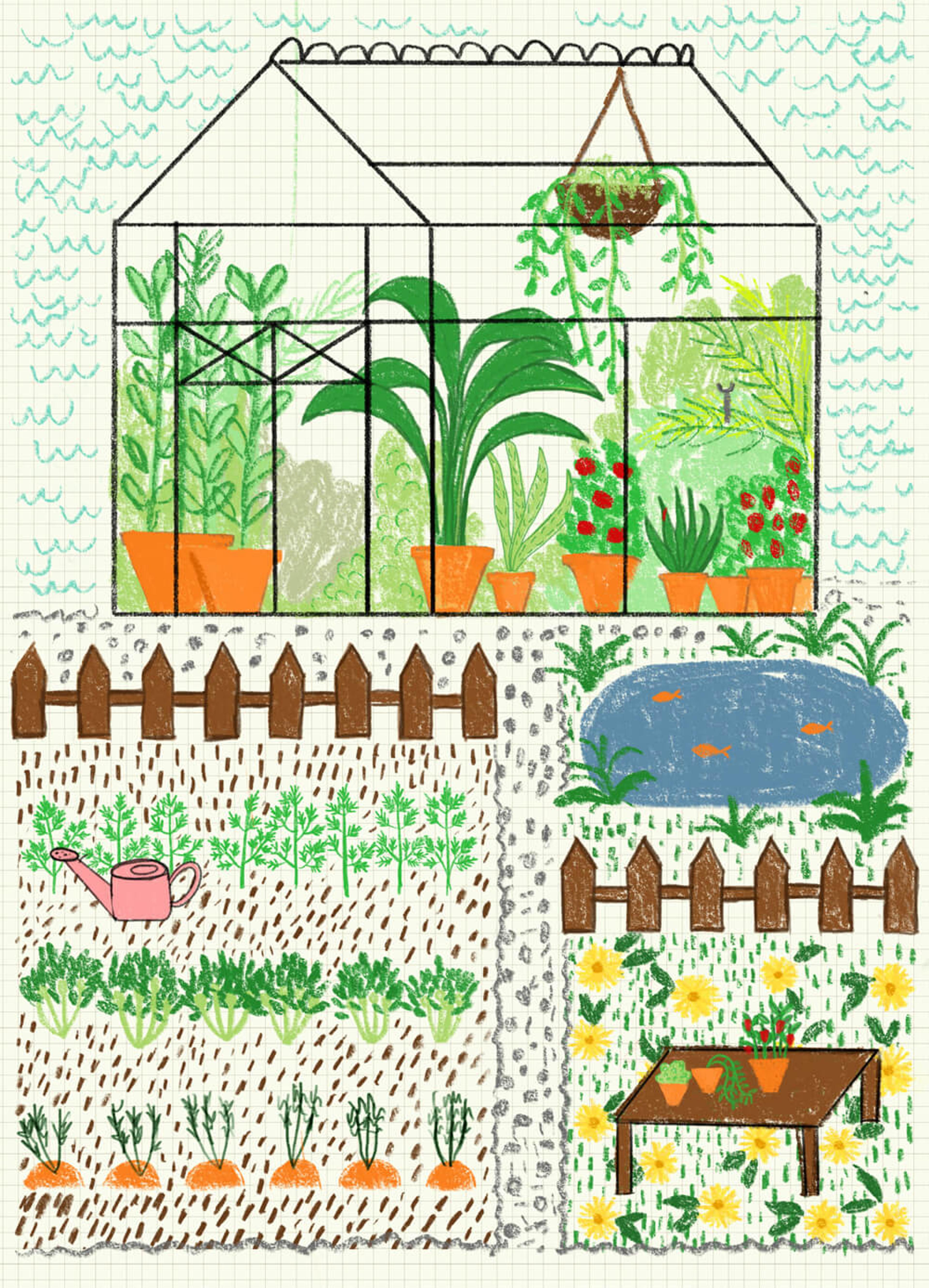 Illustration of a greenhouse full of plants