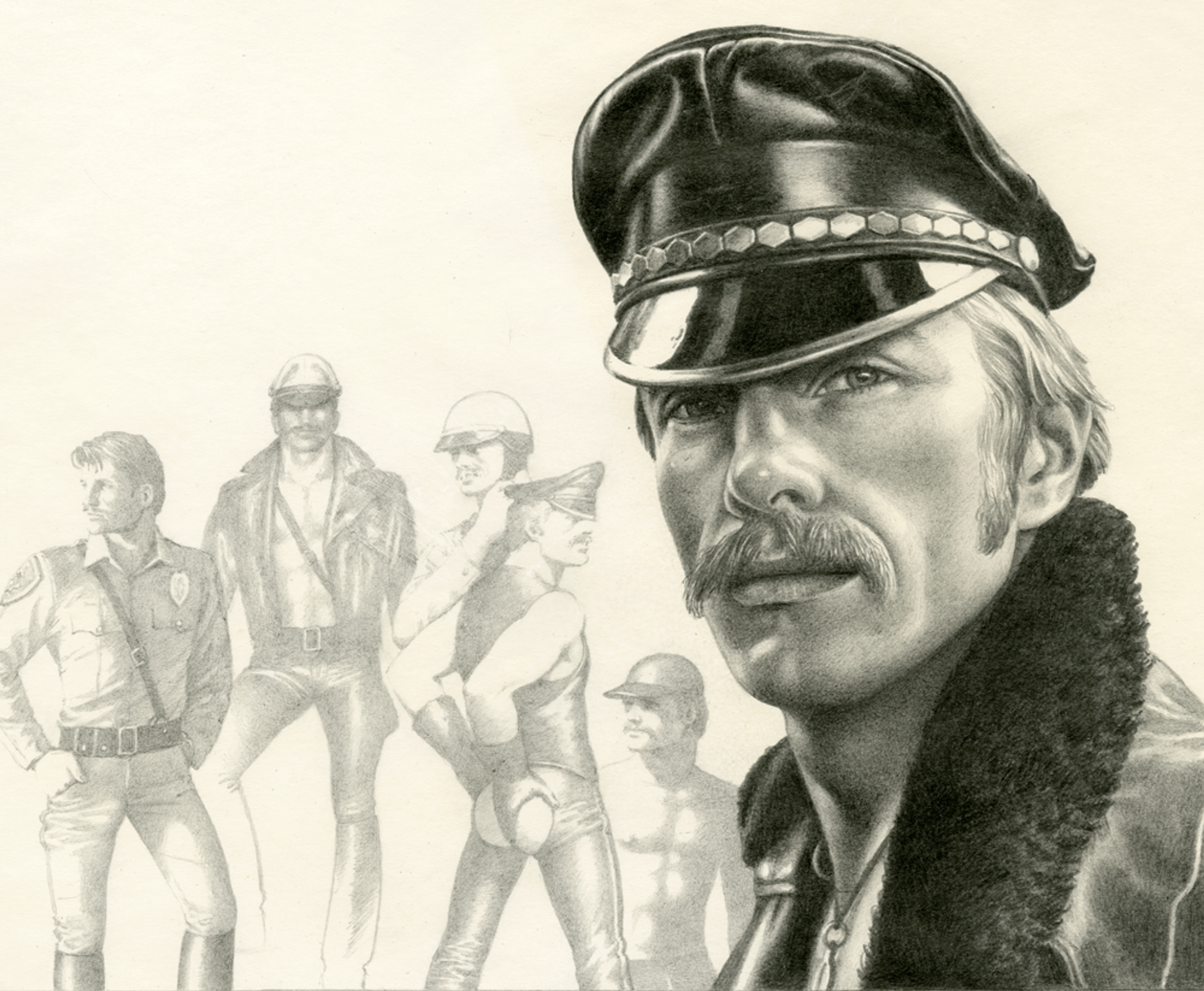 Pencil sketch of a portrait on a man with a moustache wearing a leather peaked cap. The background includes sketches of a number of well-built men posing