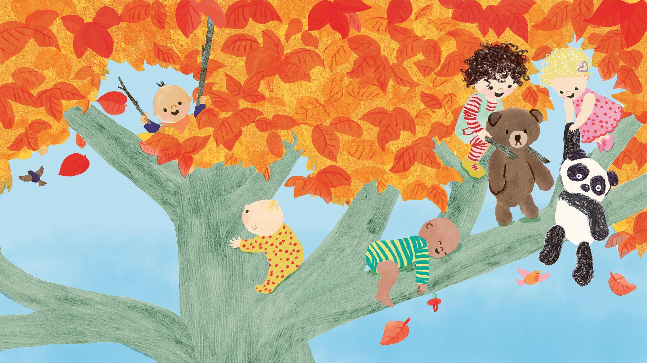 An illustration by Claire Alexander, showing babies with their stuffed animals in an autumn tree with bright orange leaves and a light blue sky.