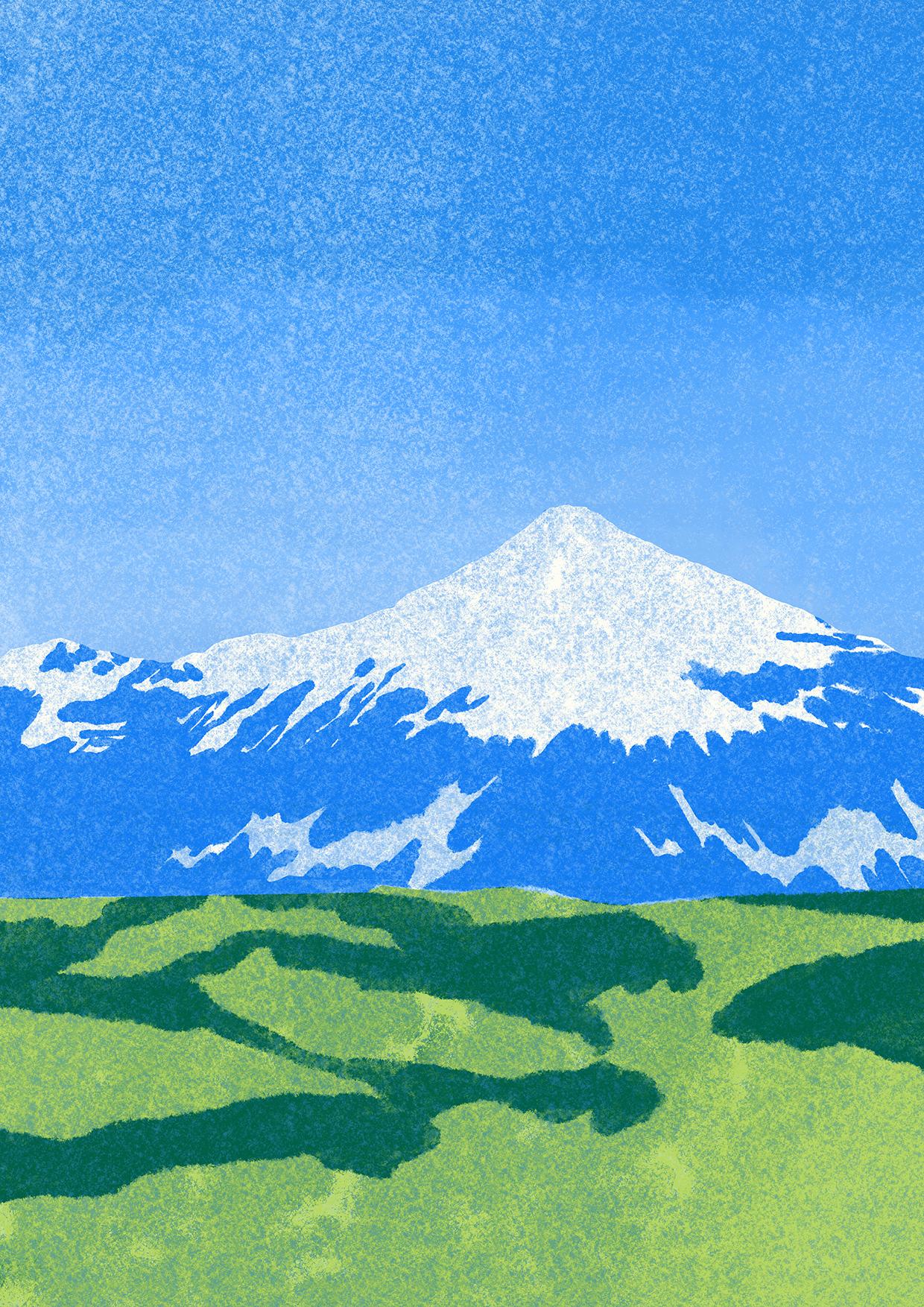 A blue mountain with snow on top sits against a blue background. In the foreground there is green grass.
