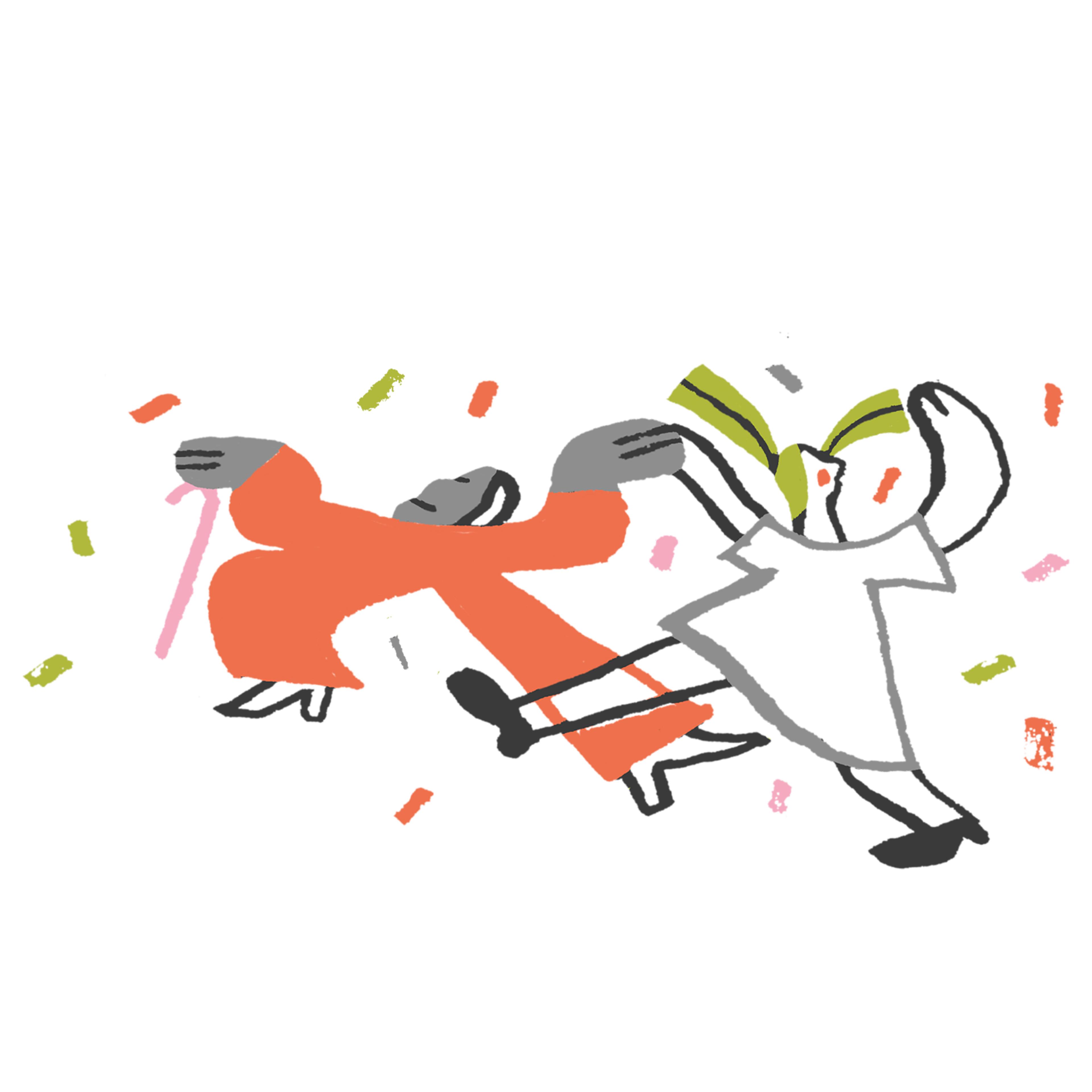 Illustration of two people dancing in a cloud of confetti. One of them is holding a stick.
