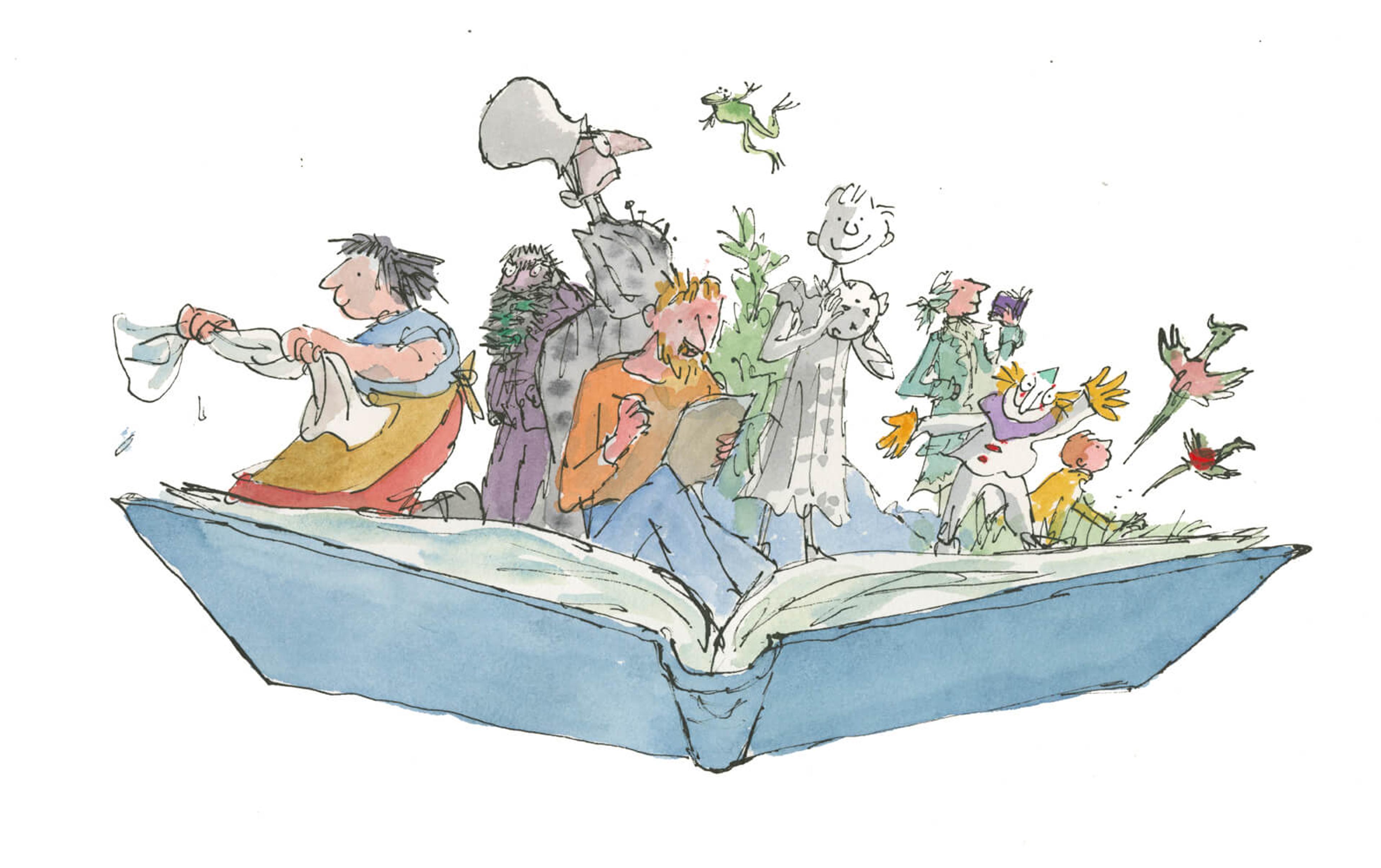 Illustration of an opened book, with a variety of characters sitting or standing on top of the open pages.