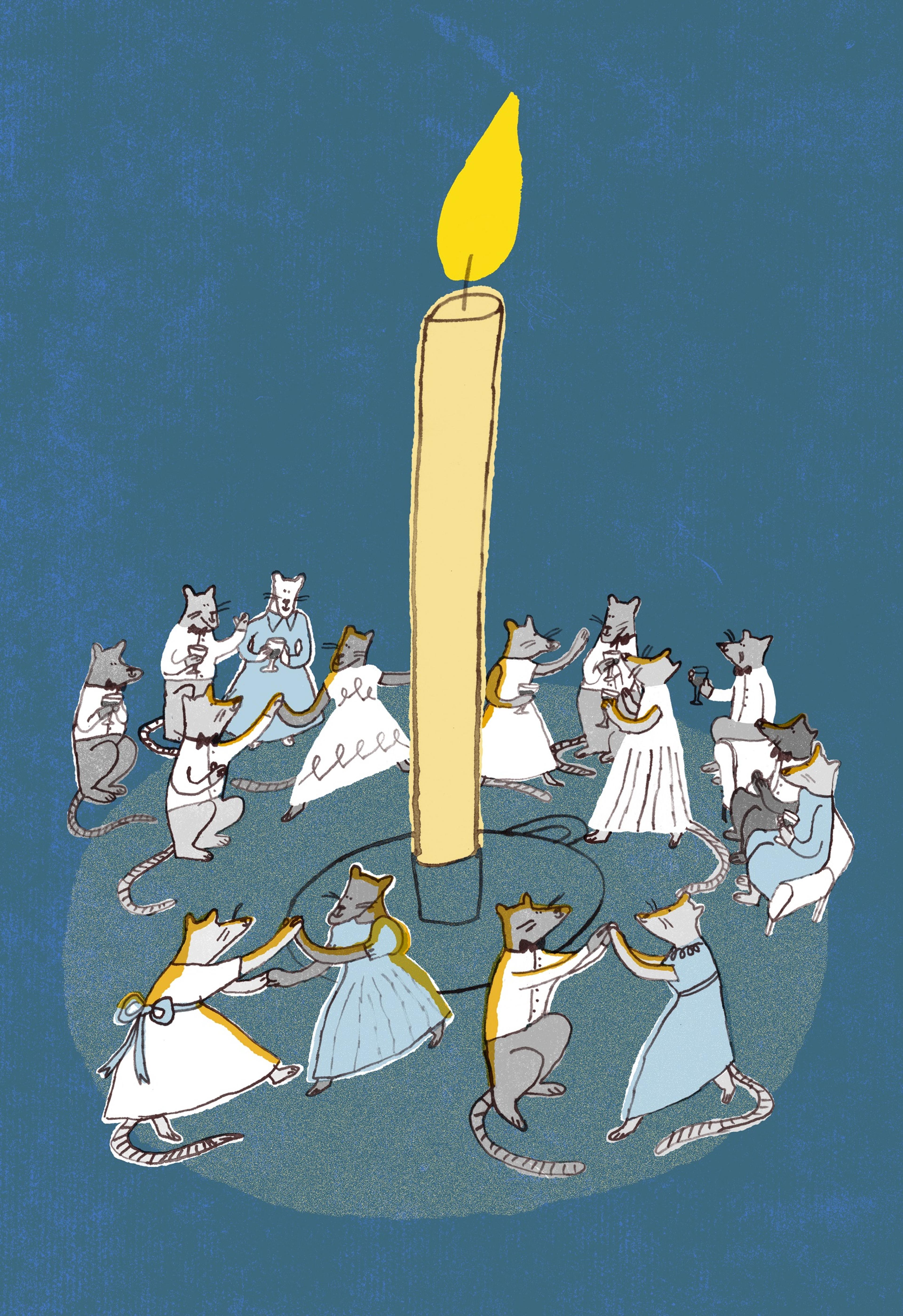 Illustration of mice dancing around a candle