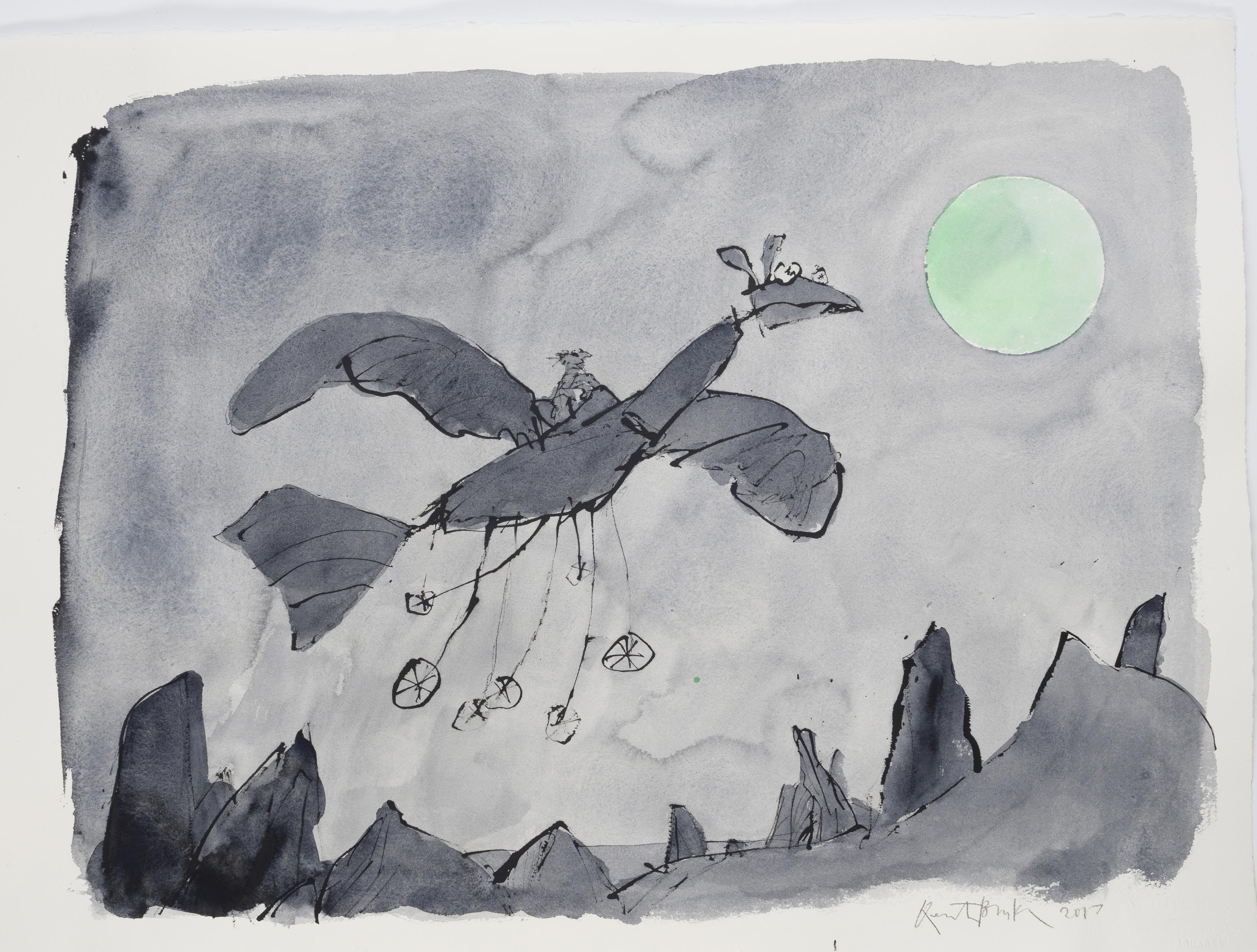 An illustration of a huge bird-like winged contraption with a man riding on its back. It is flying in a night sky with a pale green moon overhead.