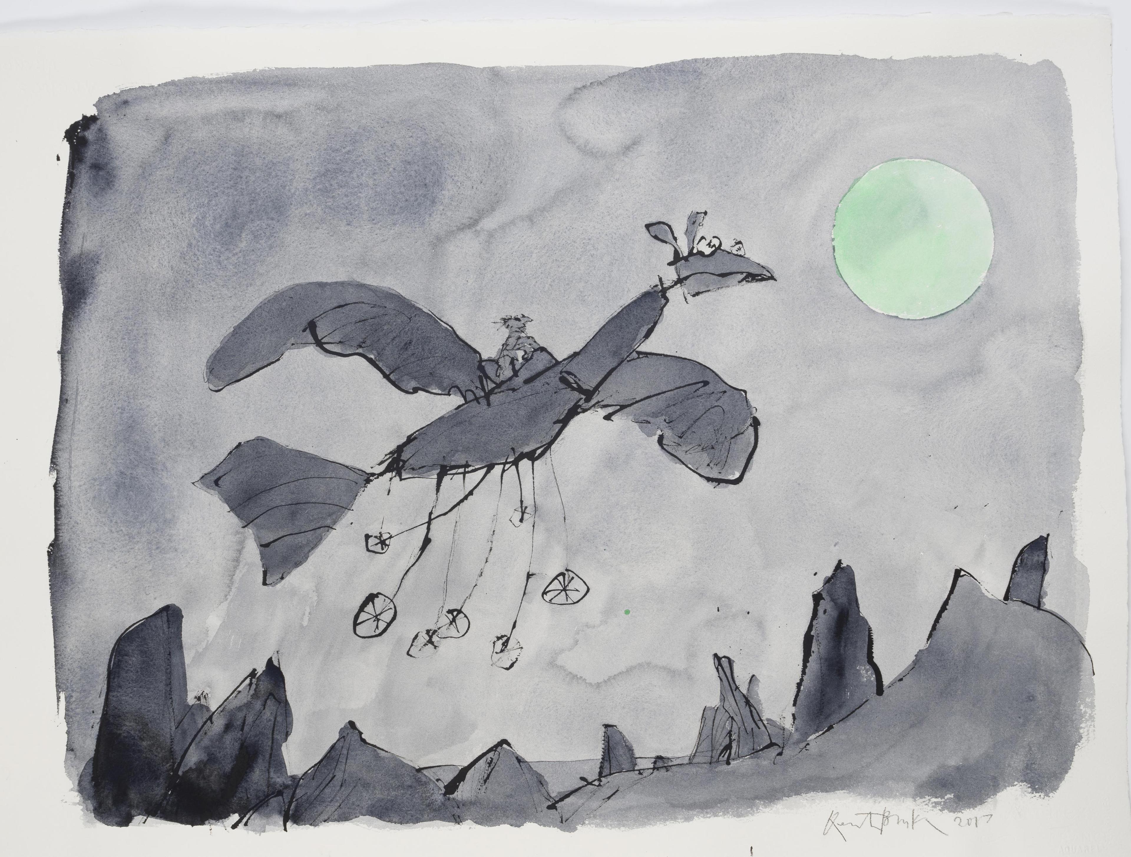 An illustration of a huge bird-like winged contraption with a man riding on its back. It is flying in a night sky with a pale green moon overhead.