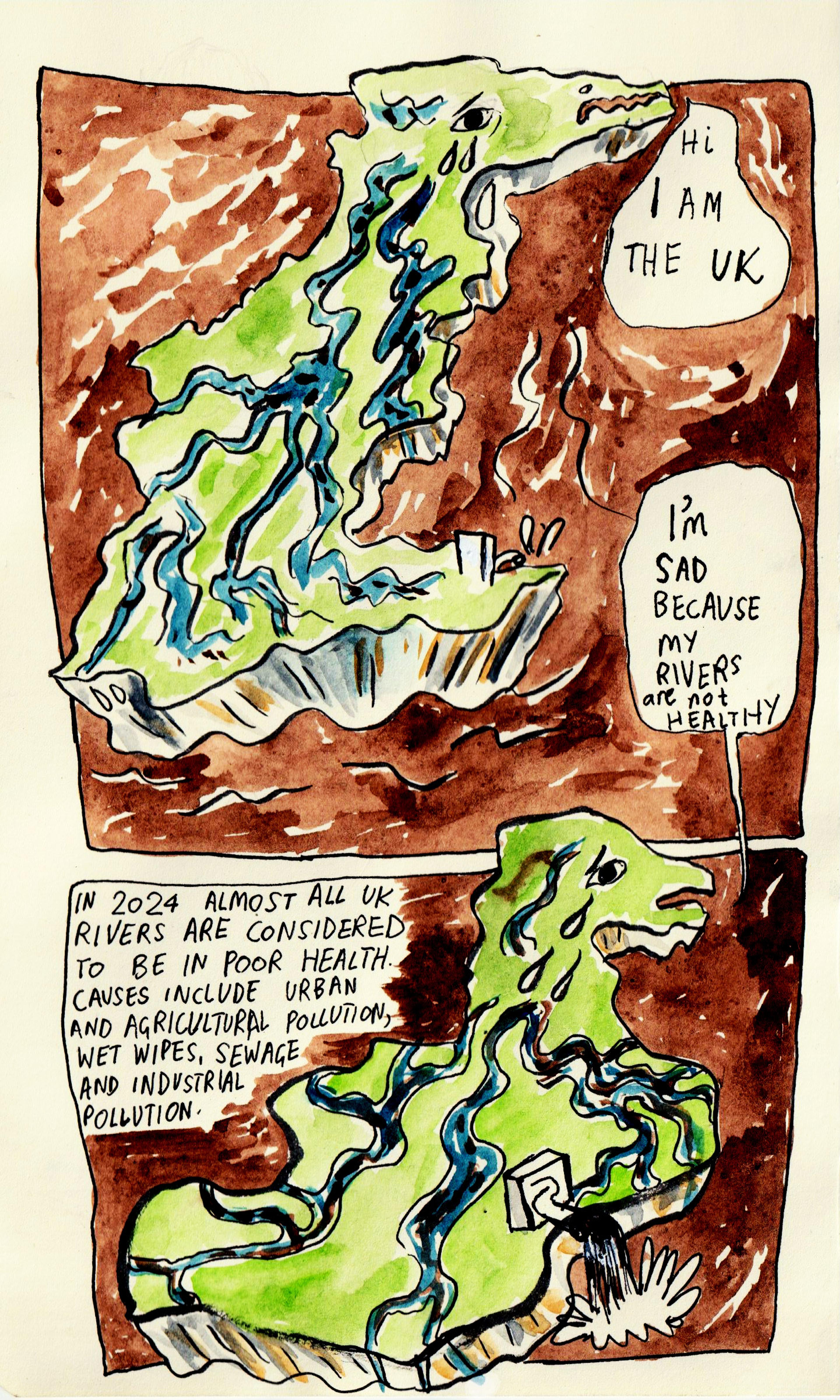 A page from a comic with two panels featuring illustrations and text. The country of the UK is a character that is not happy surrounded by brown water.