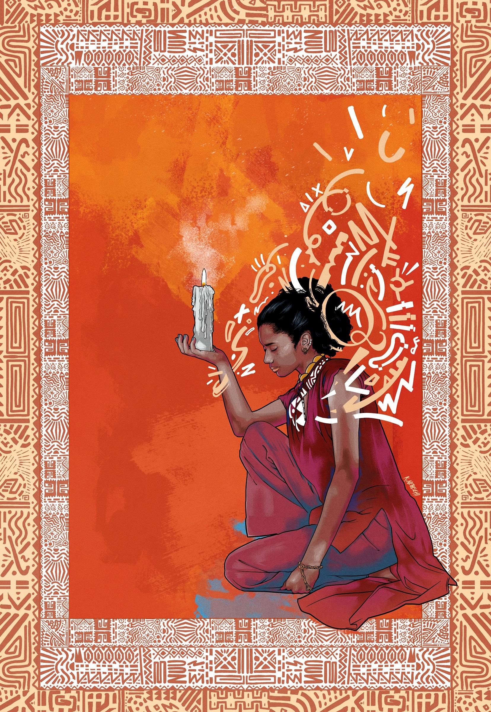 Illustration of a person holding up a candle against an orange background with a decorative border