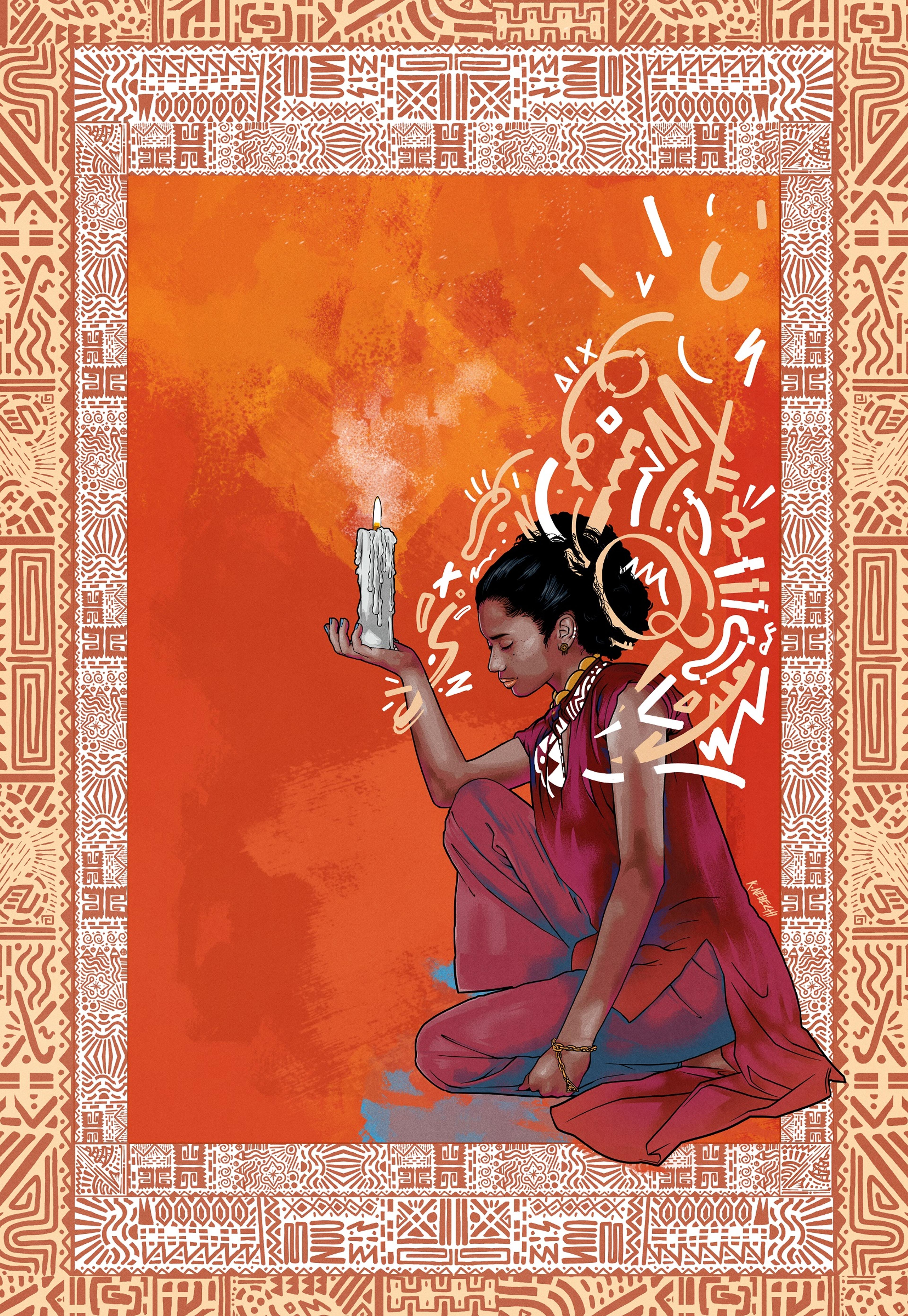 Illustration of a person holding up a candle against an orange background with a decorative border